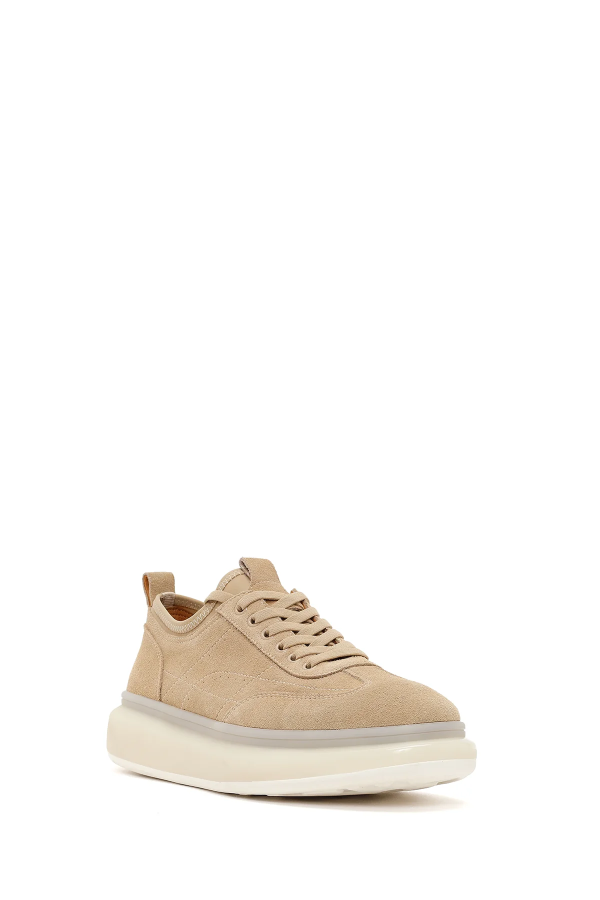 Erkek Bej Bağcıklı Kalın Tabanlı Süet Deri Sneaker - Image 7
