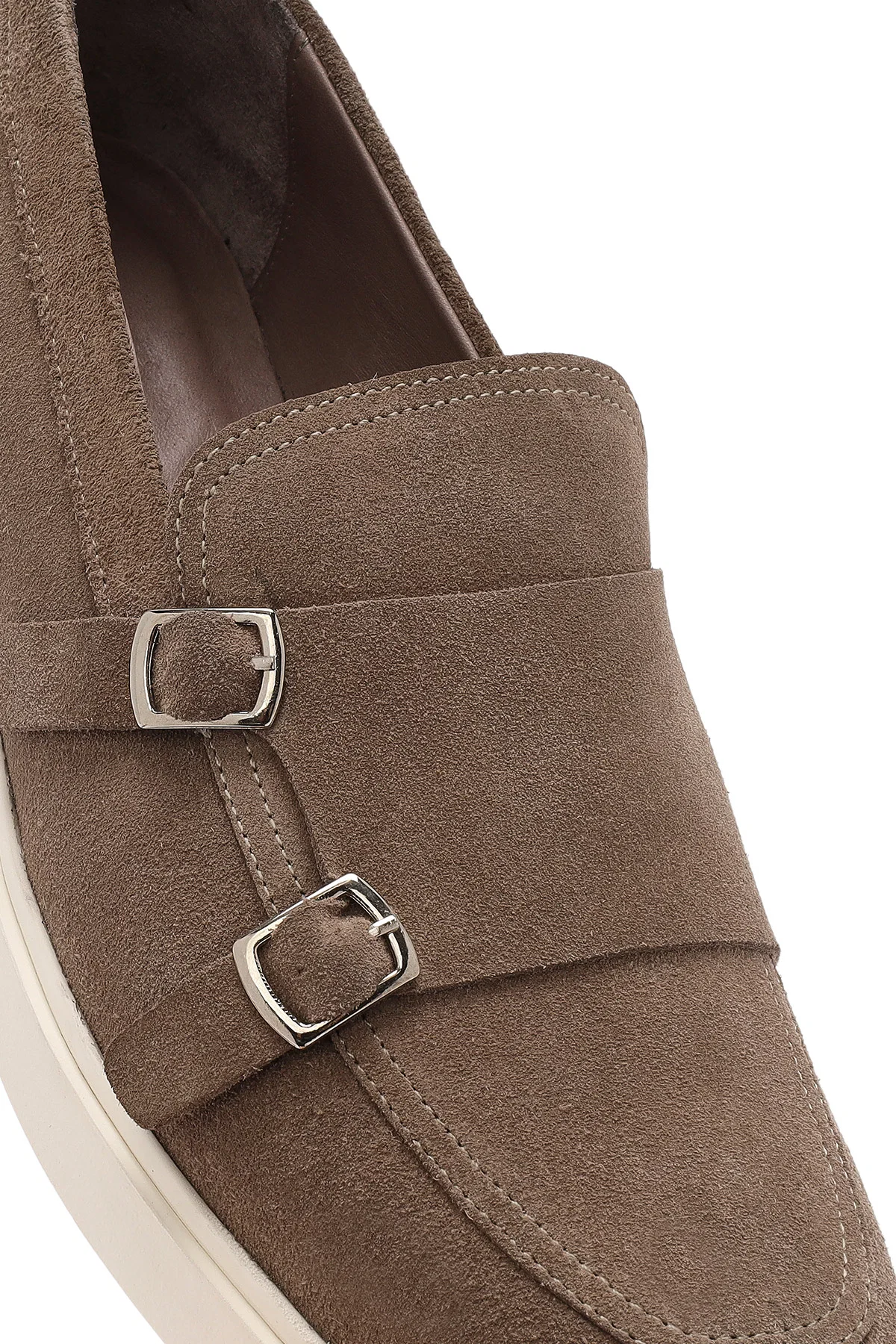 Erkek Bej Çift Tokalı Süet Deri Casual Loafer - Image 9