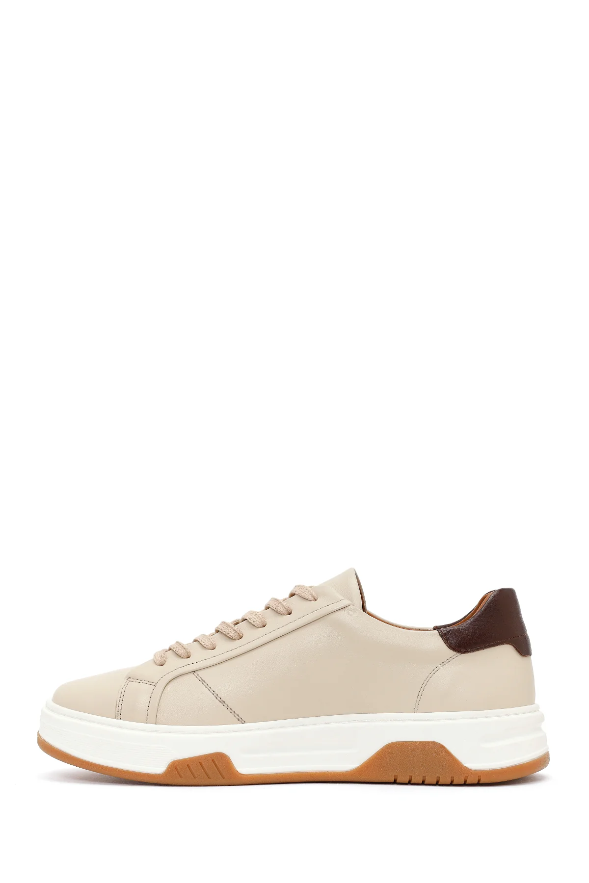 Erkek Bej Kalın Tabanlı Bağcıklı Deri Sneaker - Image 3