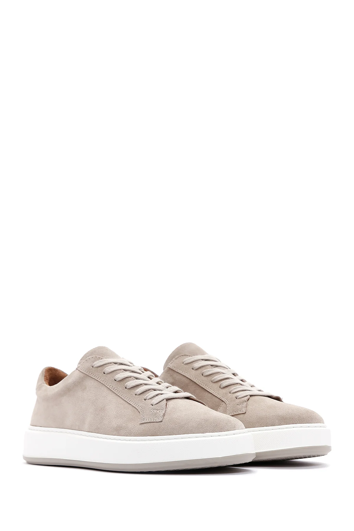 Erkek Bej Kalın Tabanlı Bağcıklı Süet Deri Sneaker - Image 3