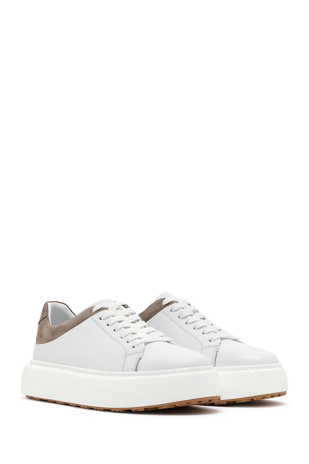 Erkek Beyaz Bağcıklı Kalın Tabanlı Deri Sneaker - Image 3