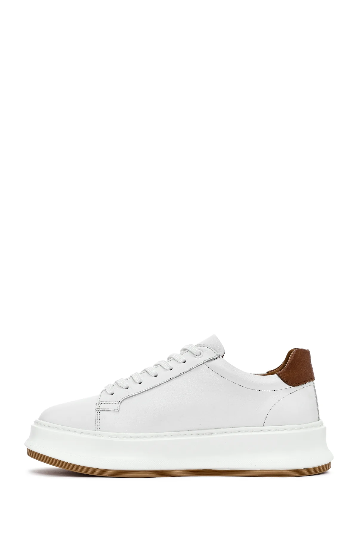 Erkek Beyaz Bağcıklı Kalın Tabanlı Deri Sneaker - Image 3