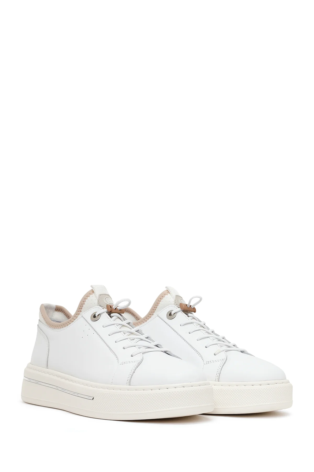 Erkek Beyaz Bağcıklı Kalın Tabanlı Deri Sneaker - Image 2