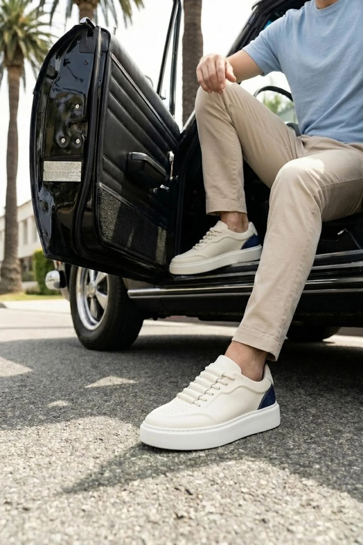 Erkek Beyaz Bağcıklı Kalın Tabanlı Deri Sneaker - Image 2