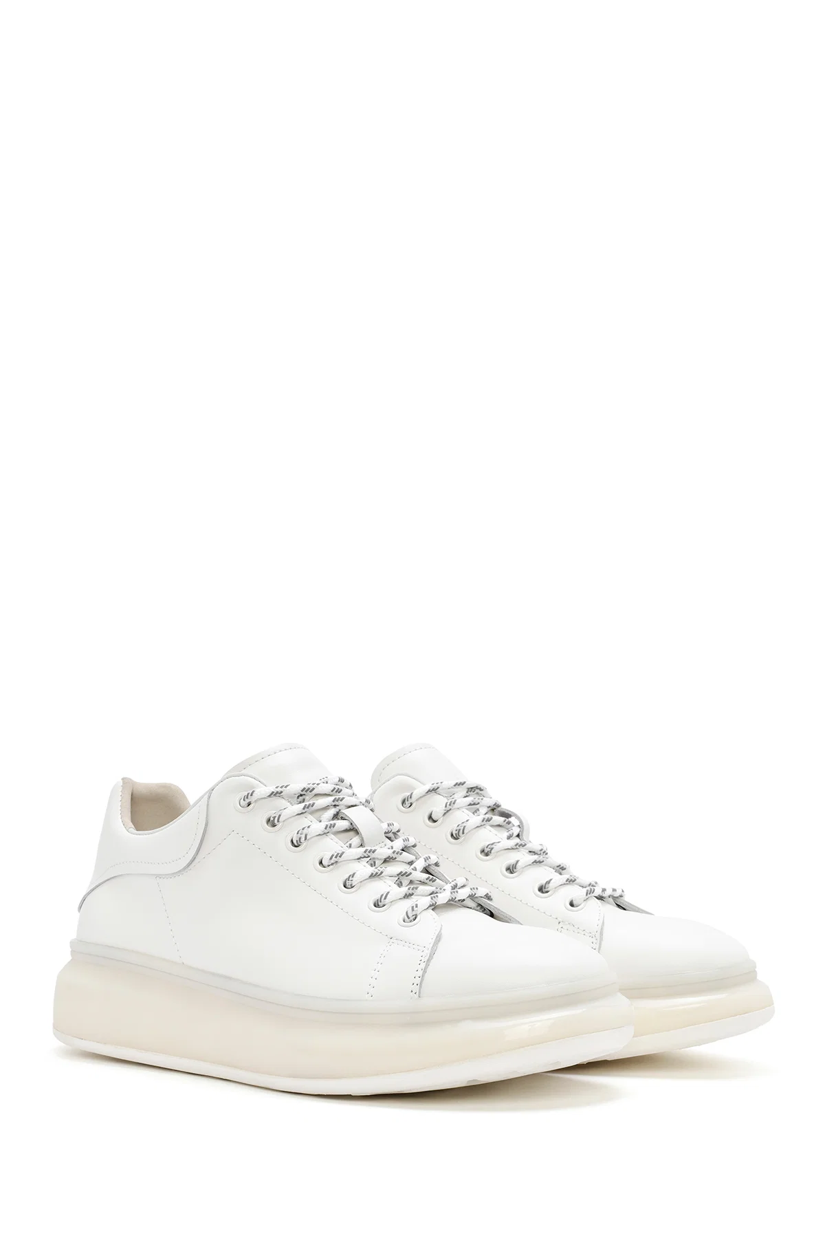 Erkek Beyaz Kalın Tabanlı Bağcıklı Deri Sneaker - Image 3