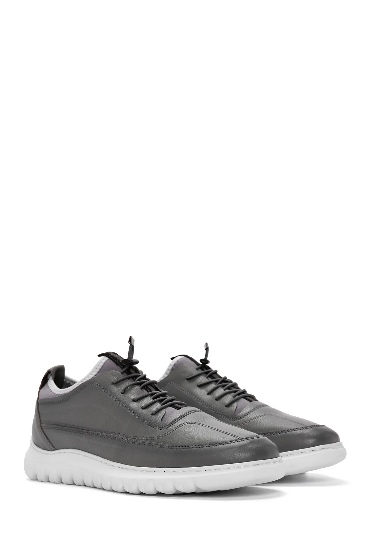 Erkek Gri Bağcıklı Deri Casual Sneaker - Image 3