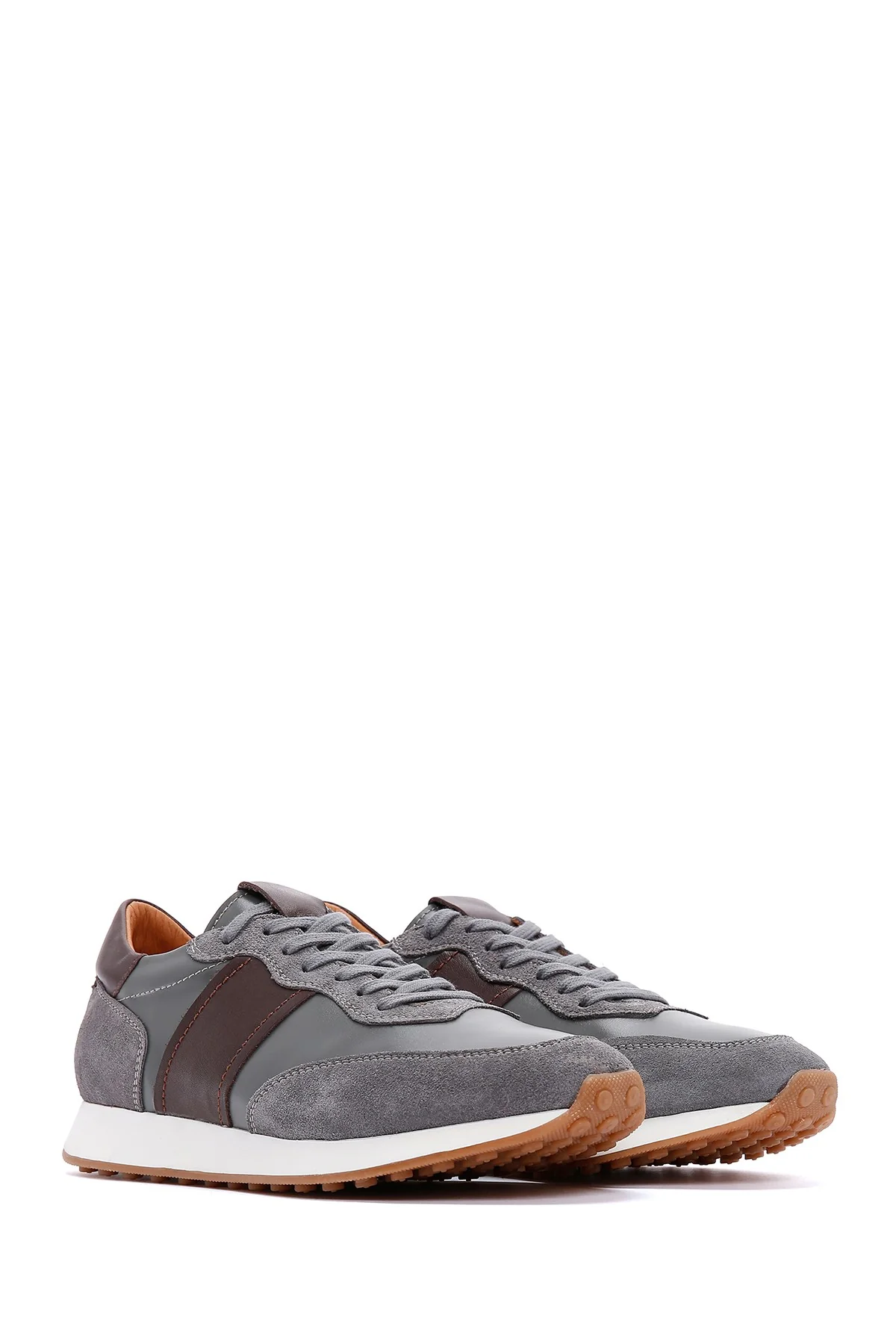 Erkek Gri Deri Süet Detaylı Sneaker - Image 3
