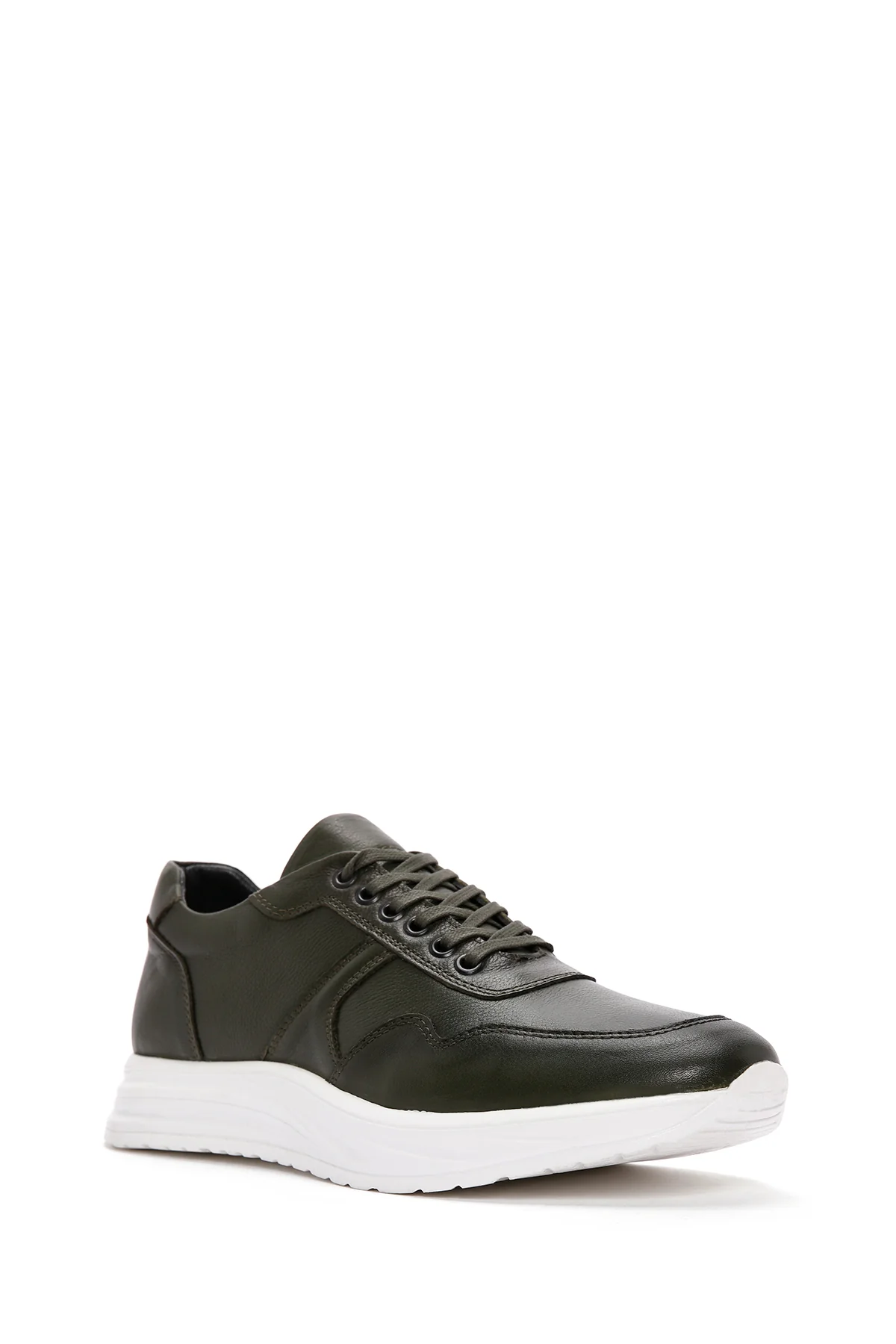 Erkek Haki Bağcıklı Kalın Tabanlı Deri Sneaker - Image 6