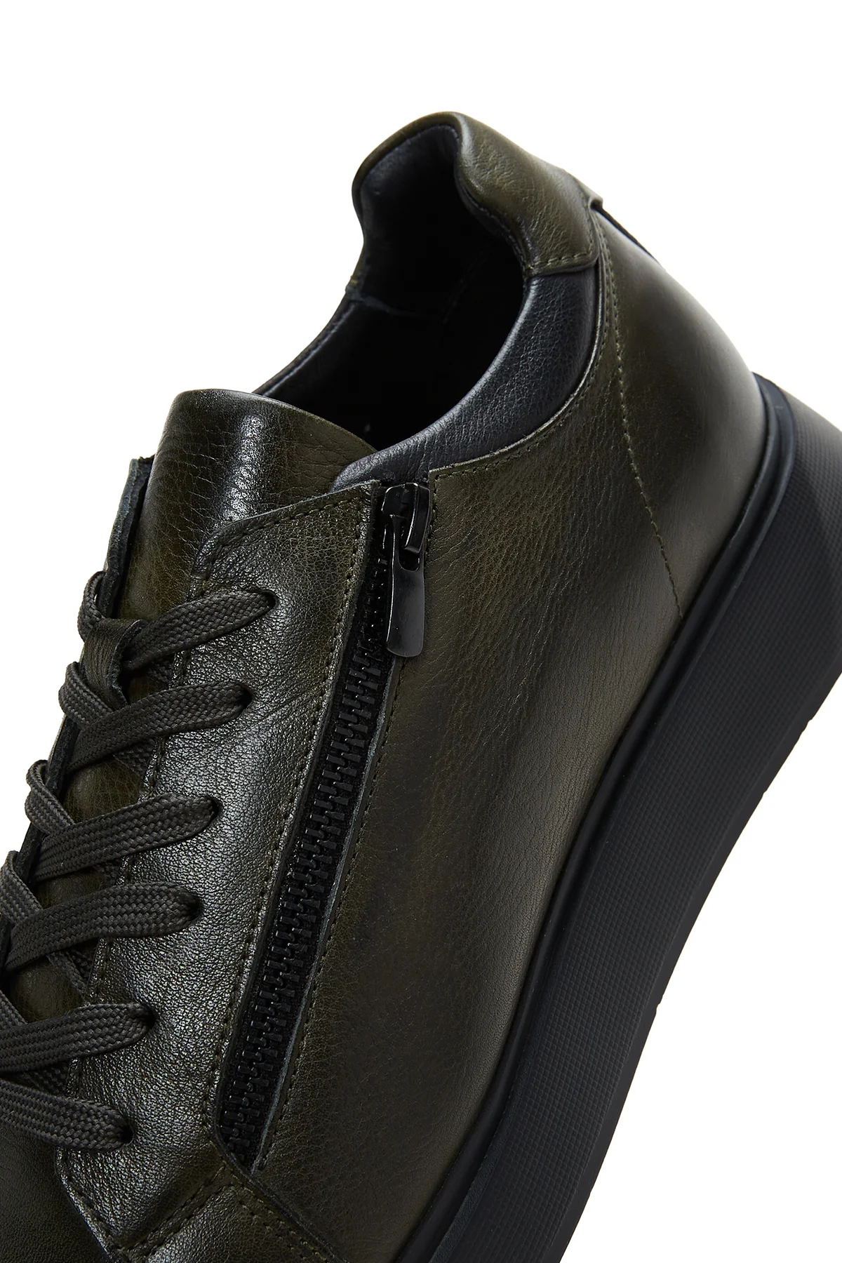 Erkek Haki Deri Fermuar Detaylı Kalın Tabanlı Sneaker - Image 7