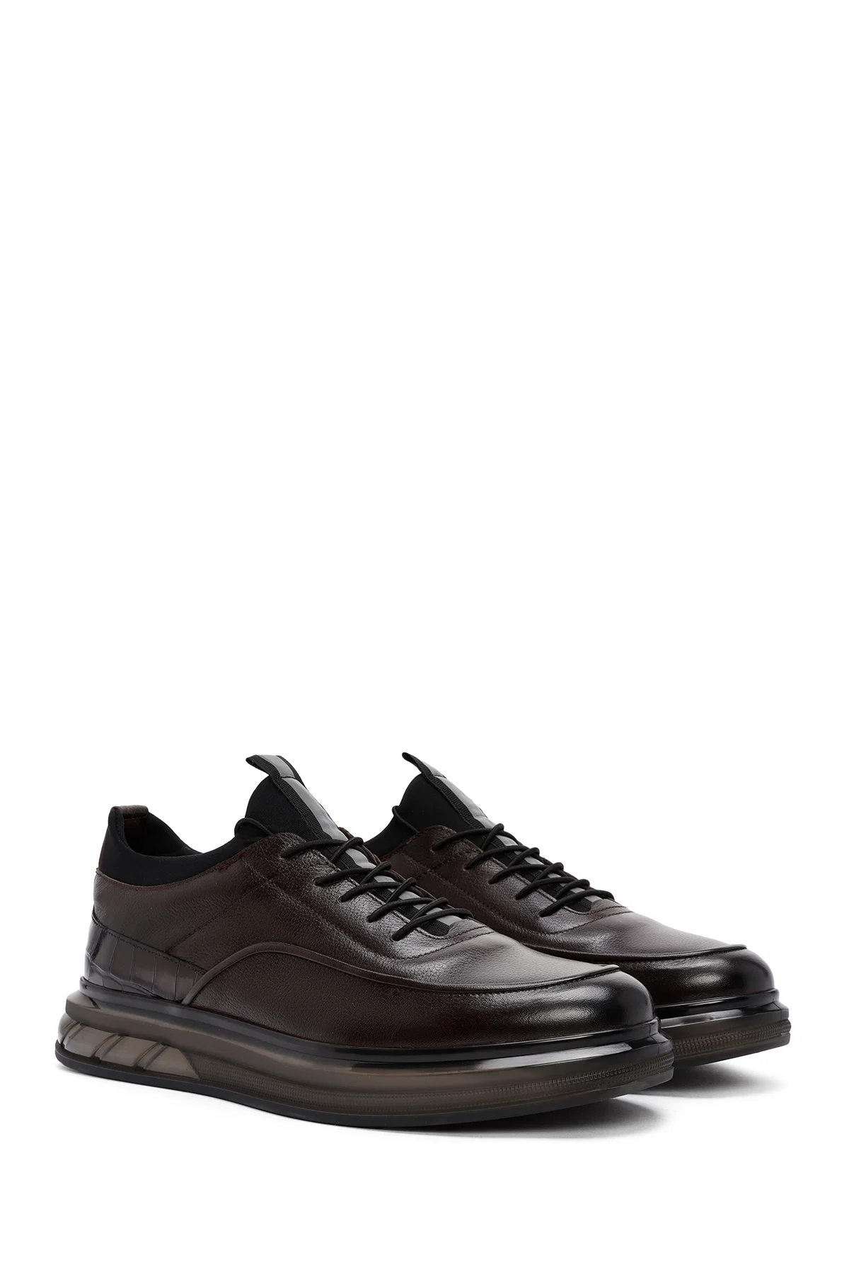 Erkek Kahverengi Bağcıklı Deri Casual Sneaker - Image 3