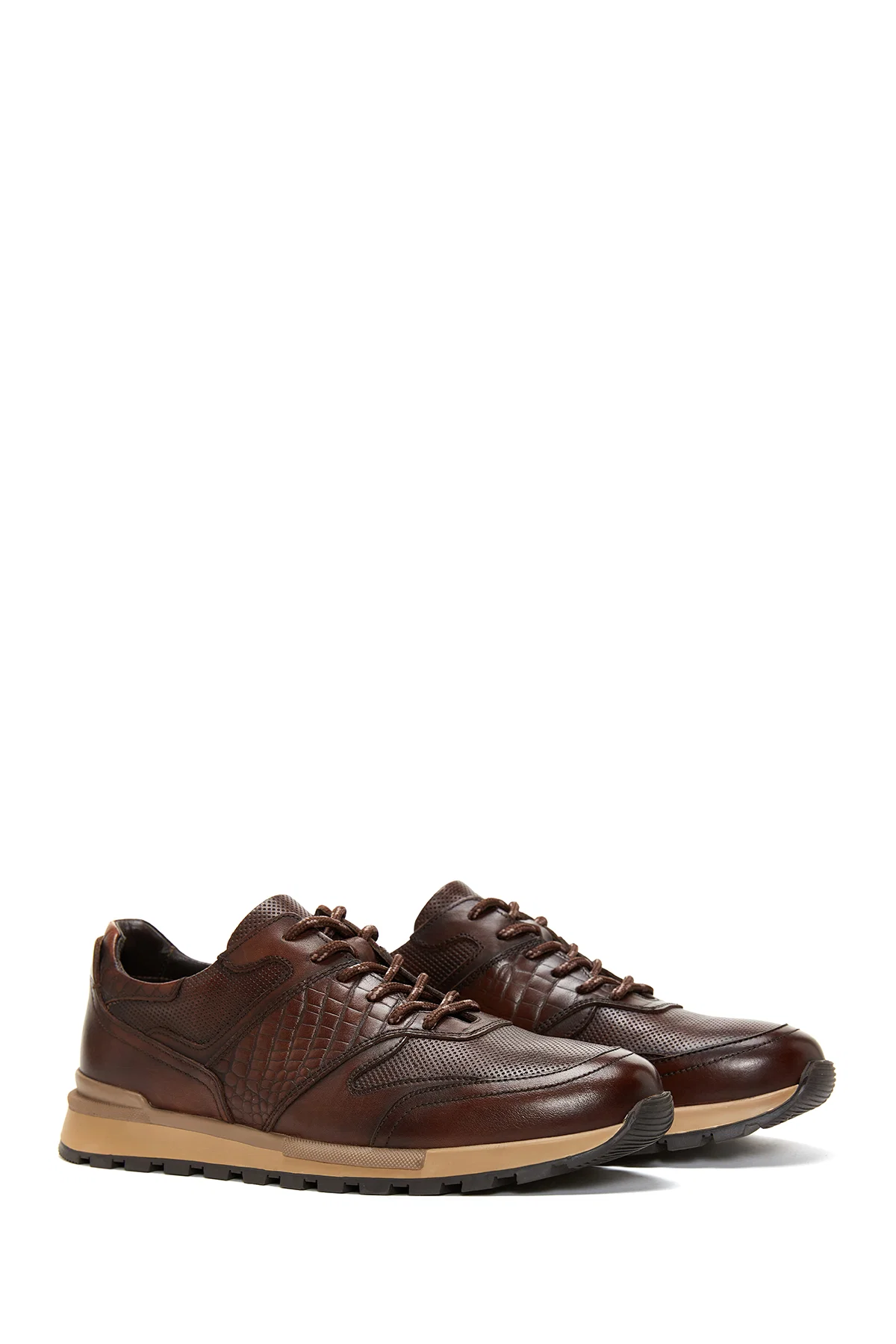 Erkek Kahverengi Bağcıklı Deri Casual Sneaker - Image 3