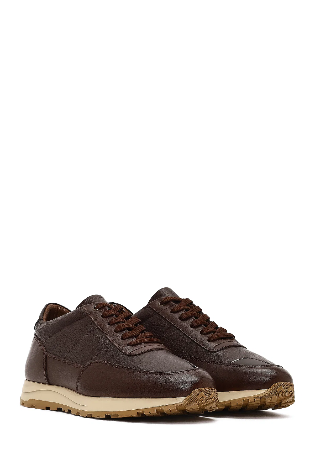Erkek Kahverengi Bağcıklı Deri Casual Sneaker - Image 3