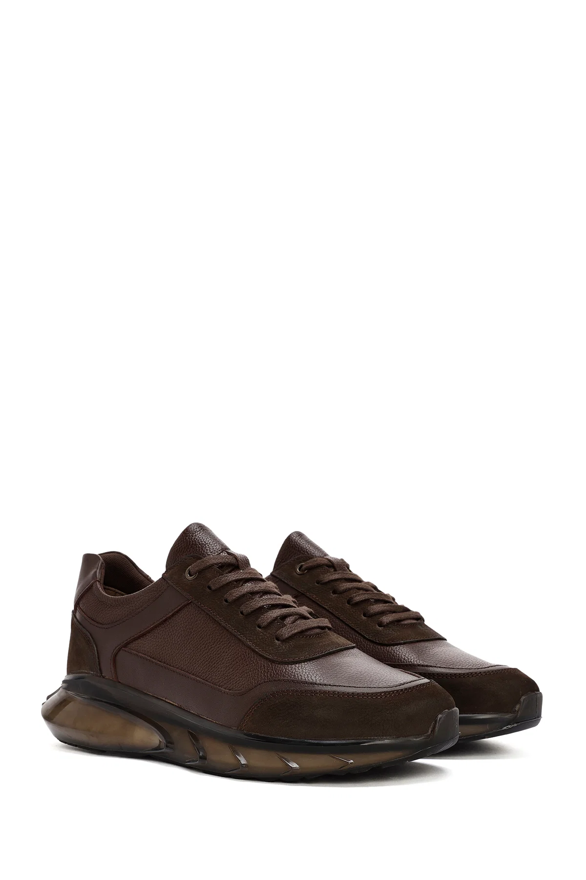 Erkek Kahverengi Bağcıklı Kalın Tabanlı Deri Casual Sneaker - Image 3