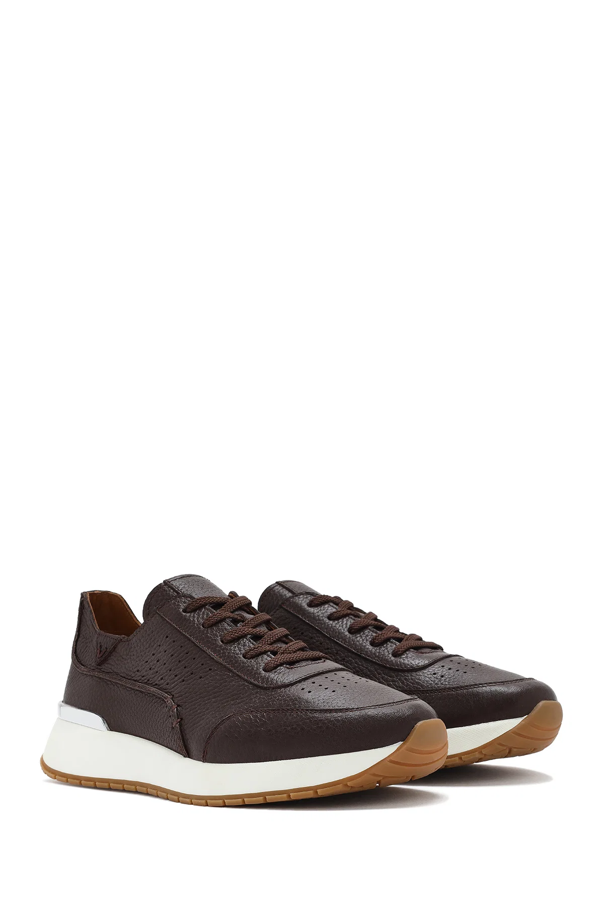 Erkek Kahverengi Bağcıklı Kalın Tabanlı Deri Casual Sneaker - Image 3
