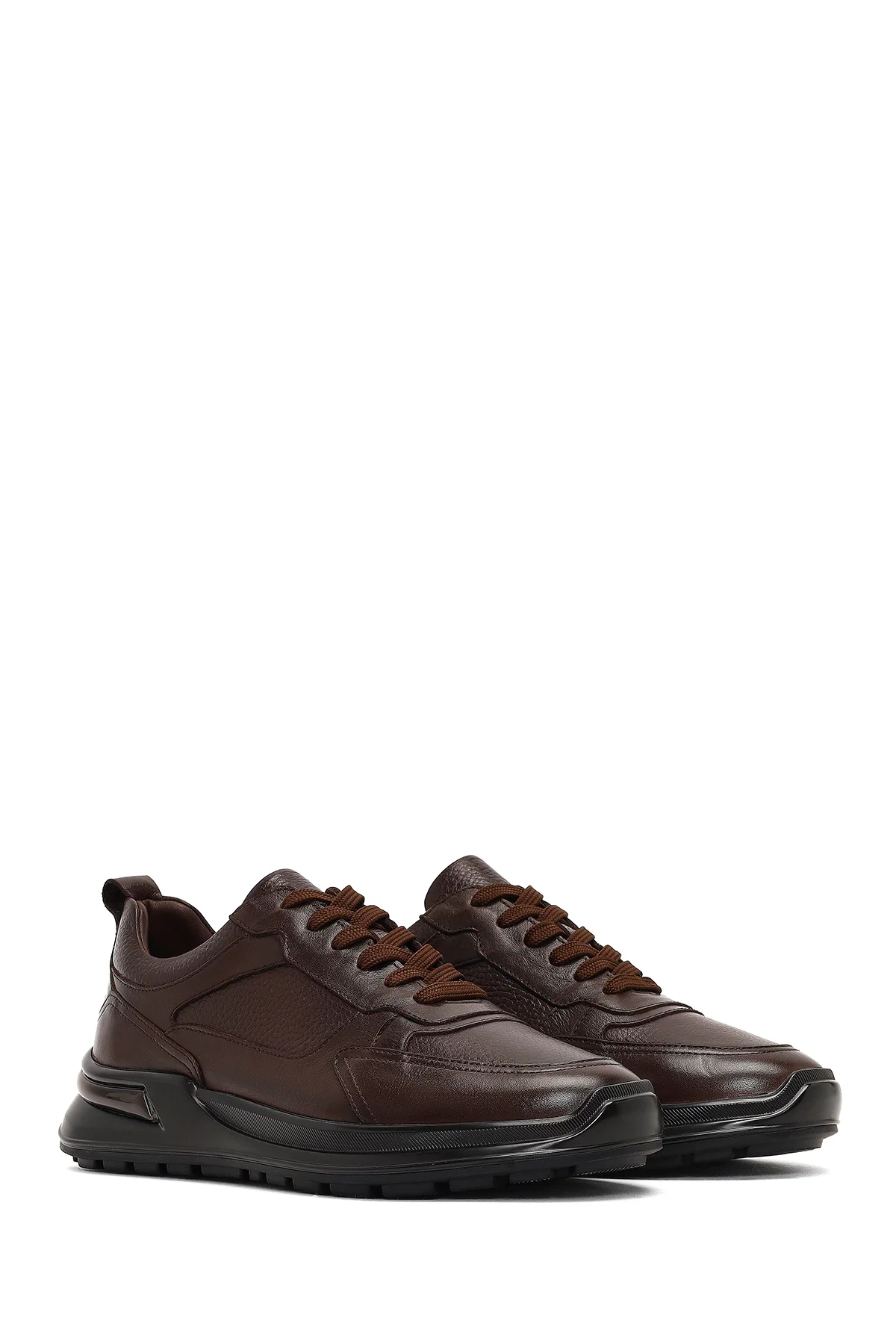Erkek Kahverengi Bağcıklı Kalın Tabanlı Deri Casual Sneaker - Image 3