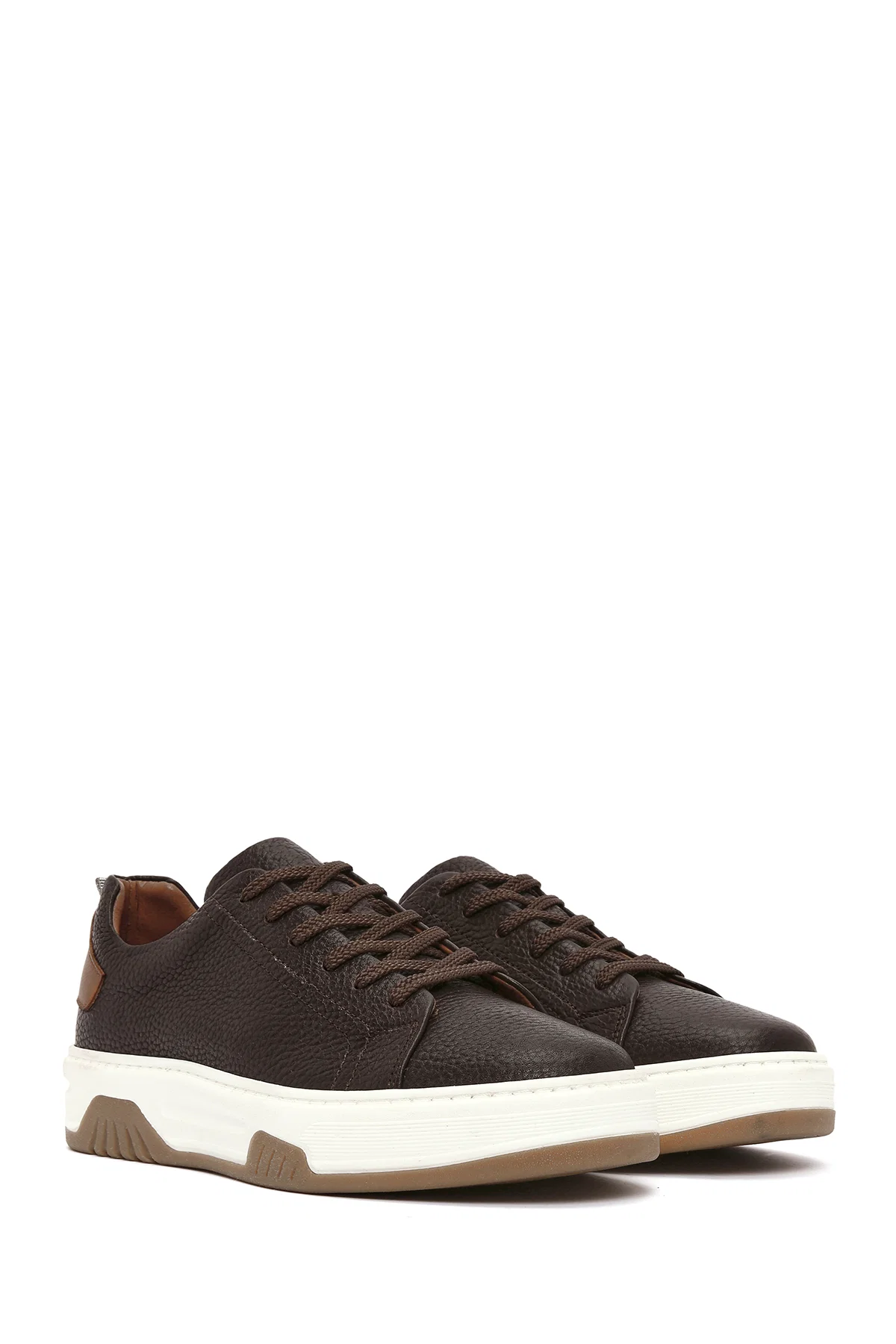Erkek Kahverengi Bağcıklı Kalın Tabanlı Deri Sneaker - Image 3