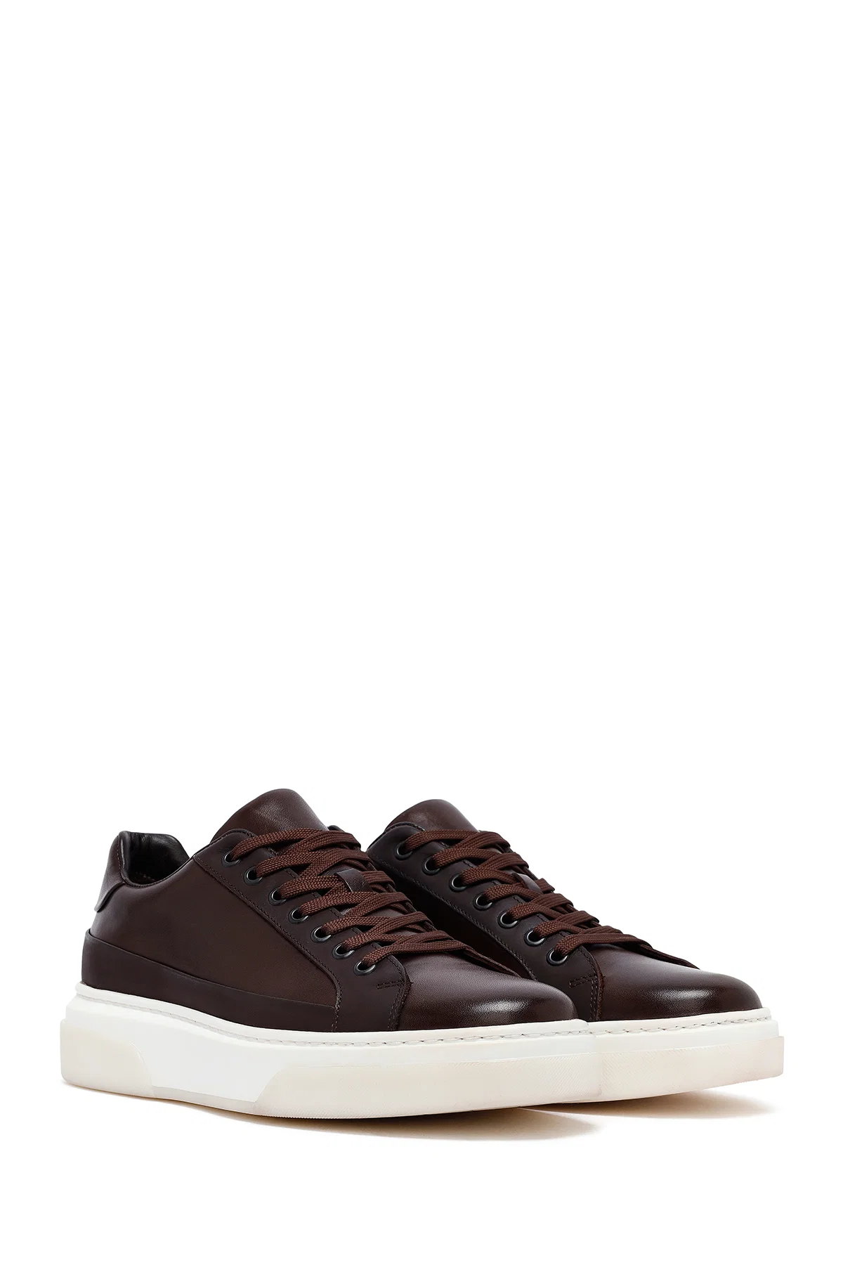 Erkek Kahverengi Bağcıklı Kalın Tabanlı Deri Sneaker - Image 3