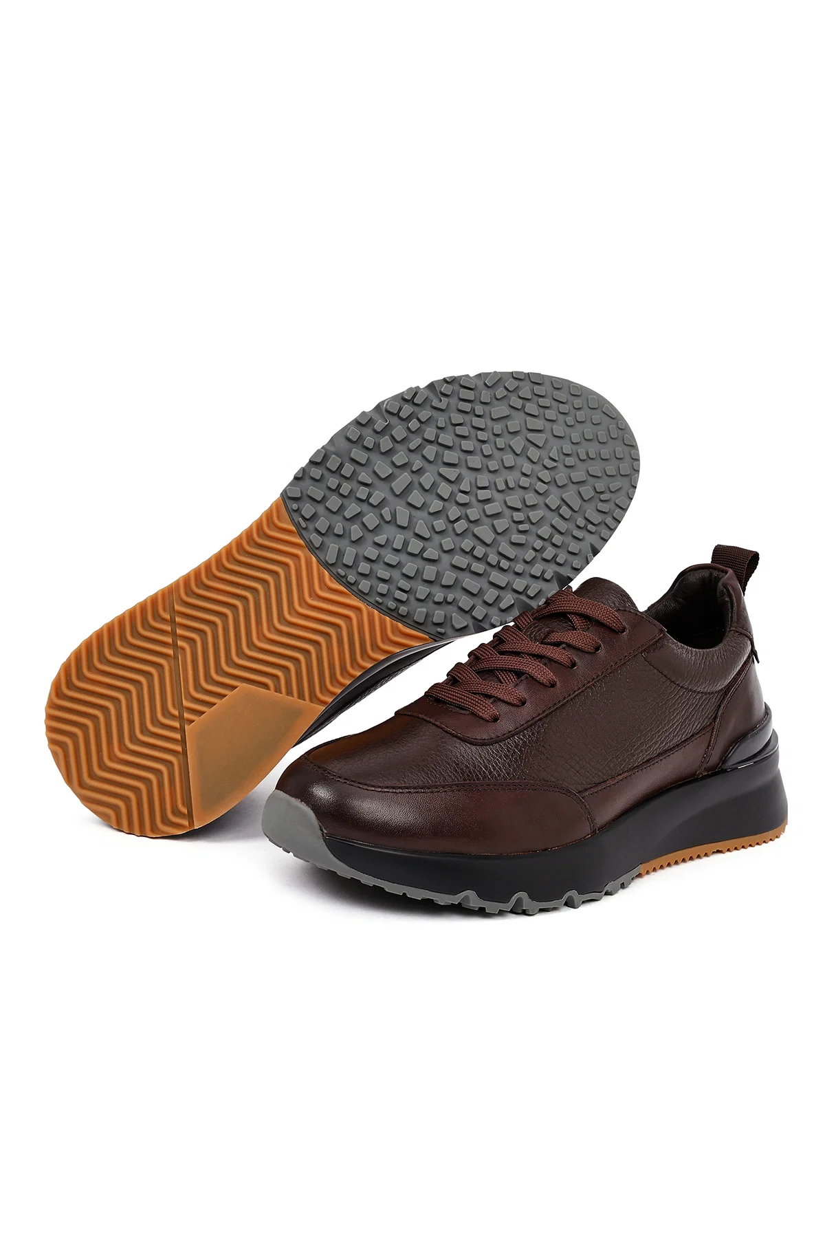 Erkek Kahverengi Bağcıklı Kalın Tabanlı Deri Sneaker - Image 10