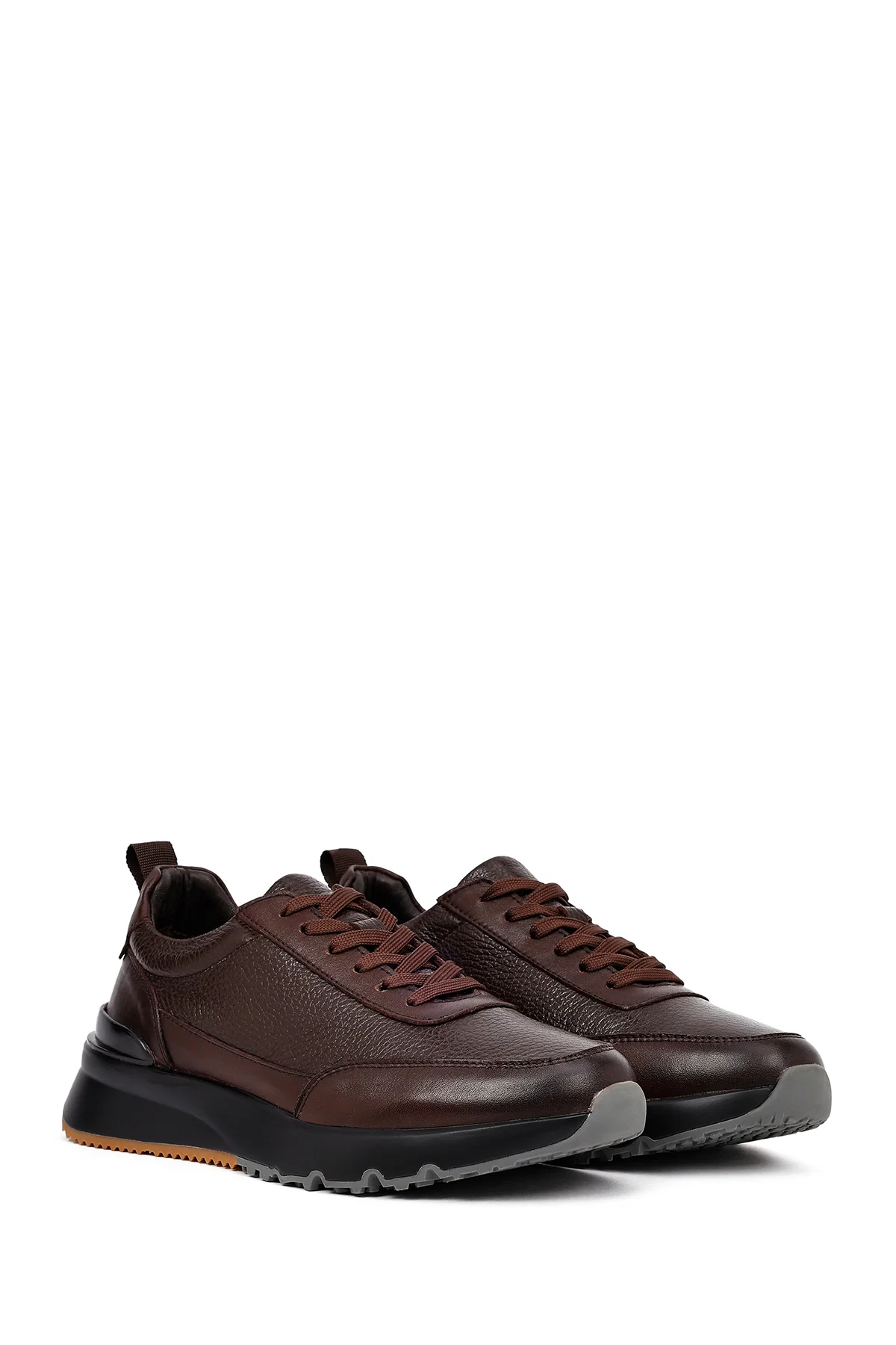 Erkek Kahverengi Bağcıklı Kalın Tabanlı Deri Sneaker - Image 3