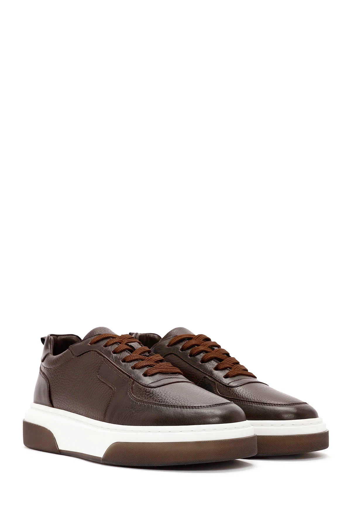 Erkek Kahverengi Bağcıklı Kalın Tabanlı Deri Sneaker - Image 3