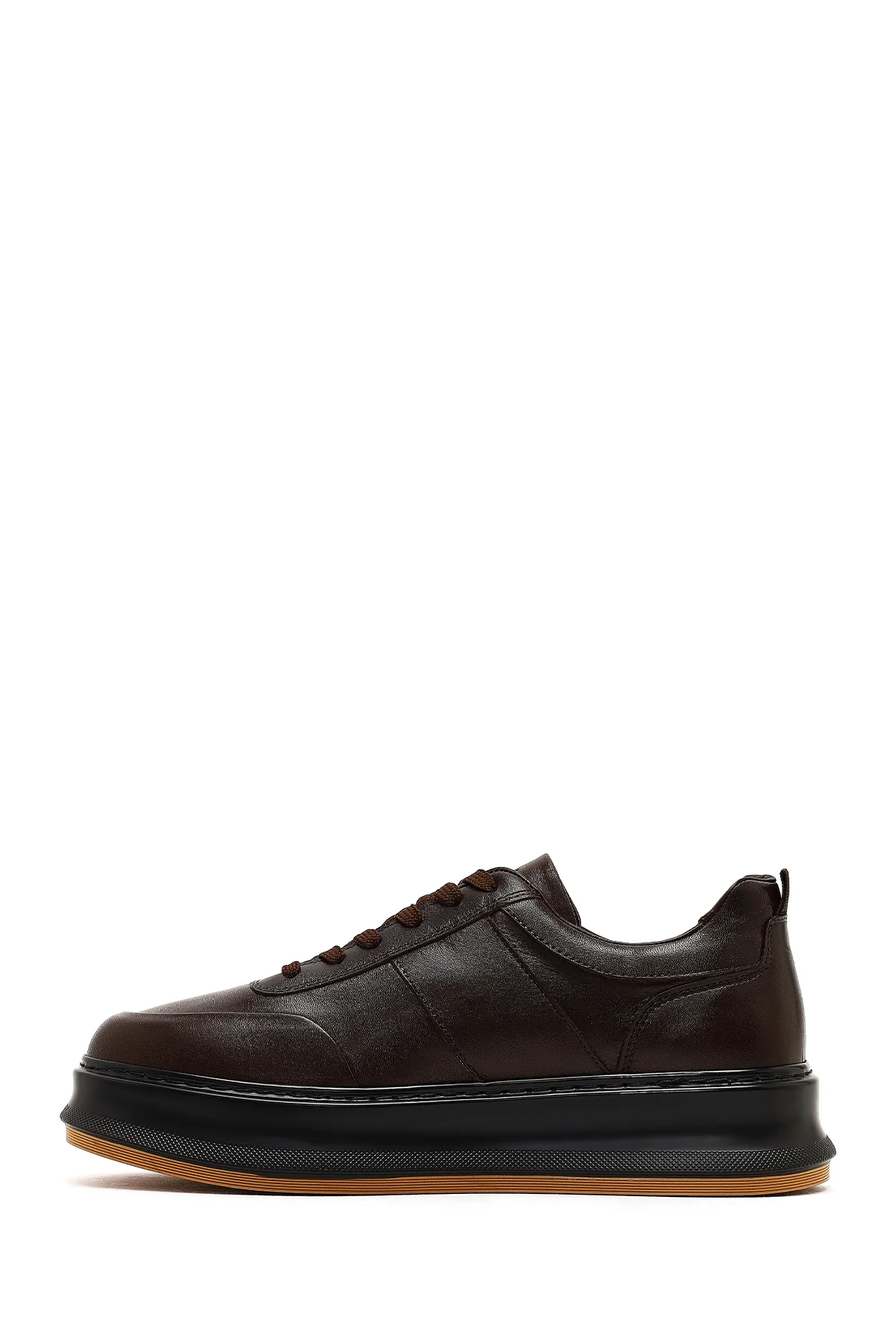 Erkek Kahverengi Bağcıklı Kalın Tabanlı Deri Sneaker - Image 2