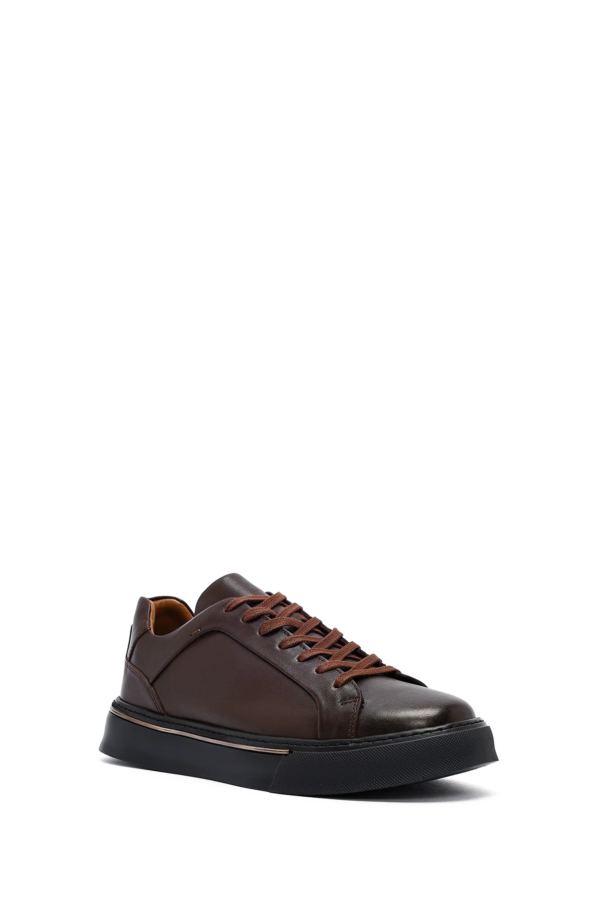 Erkek Kahverengi Bağcıklı Kalın Tabanlı Deri Sneaker - Image 6