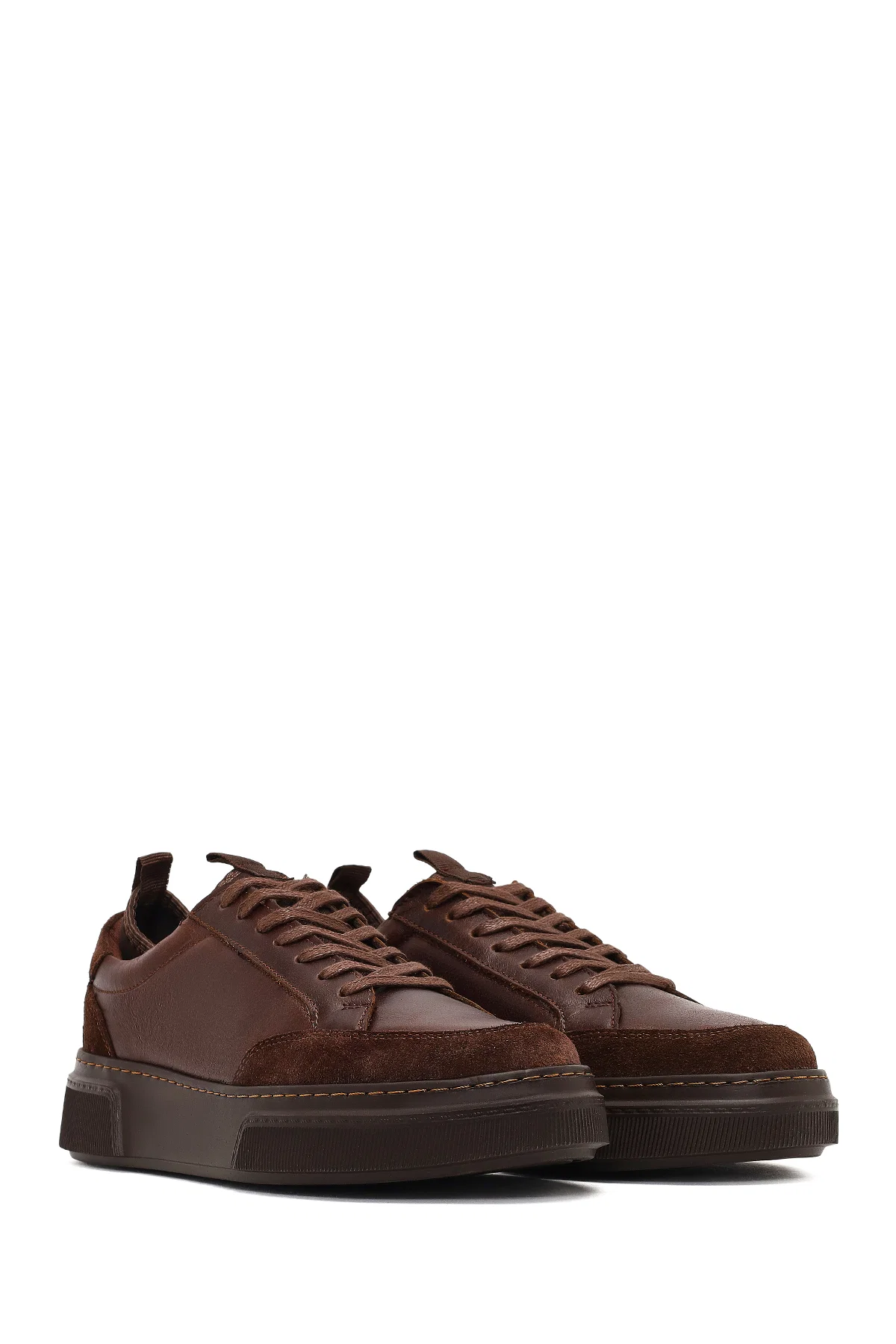 Erkek Kahverengi Bağcıklı Kalın Tabanlı Deri Sneaker - Image 3