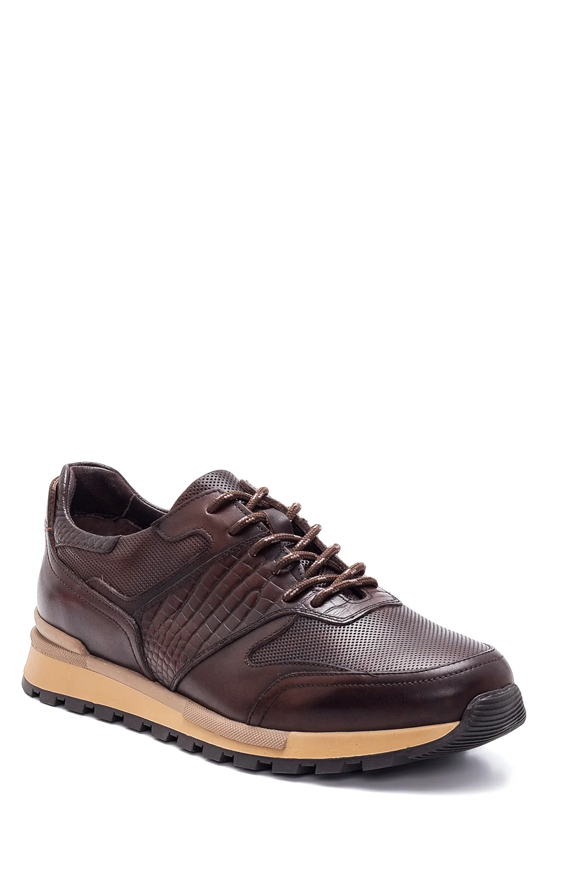 Erkek Kahverengi Deri Baskılı Sneaker - Image 3