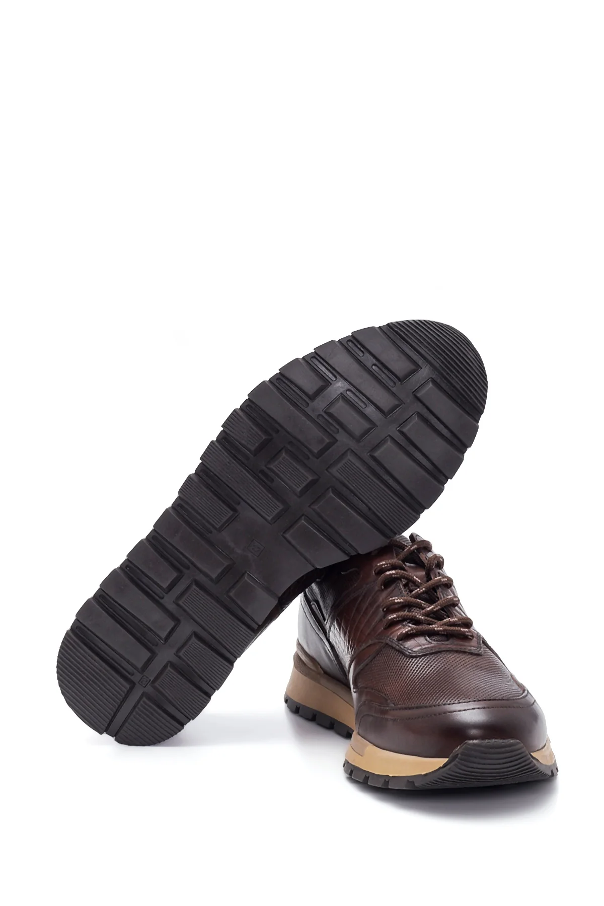 Erkek Kahverengi Deri Baskılı Sneaker - Image 4