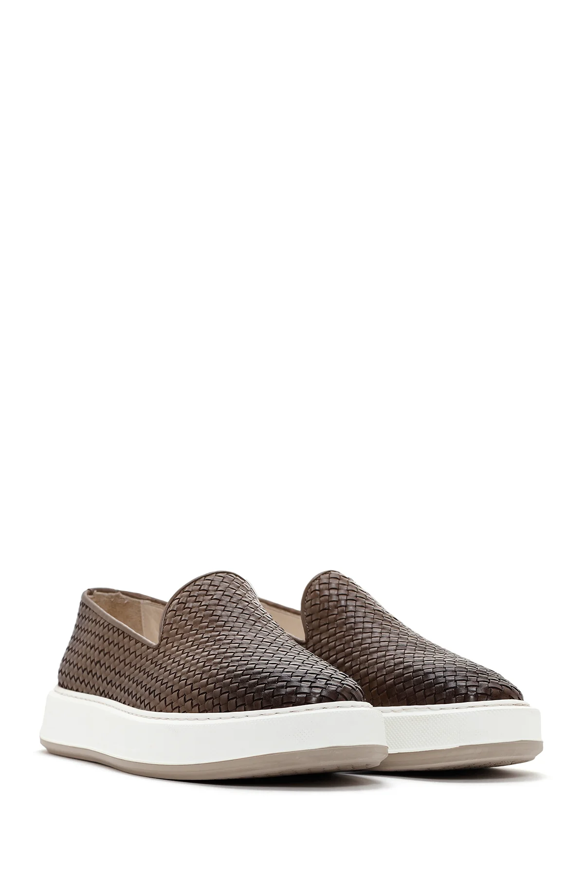 Erkek Kahverengi Kalın Tabanlı Örgü Deri Casual Loafer - Image 4
