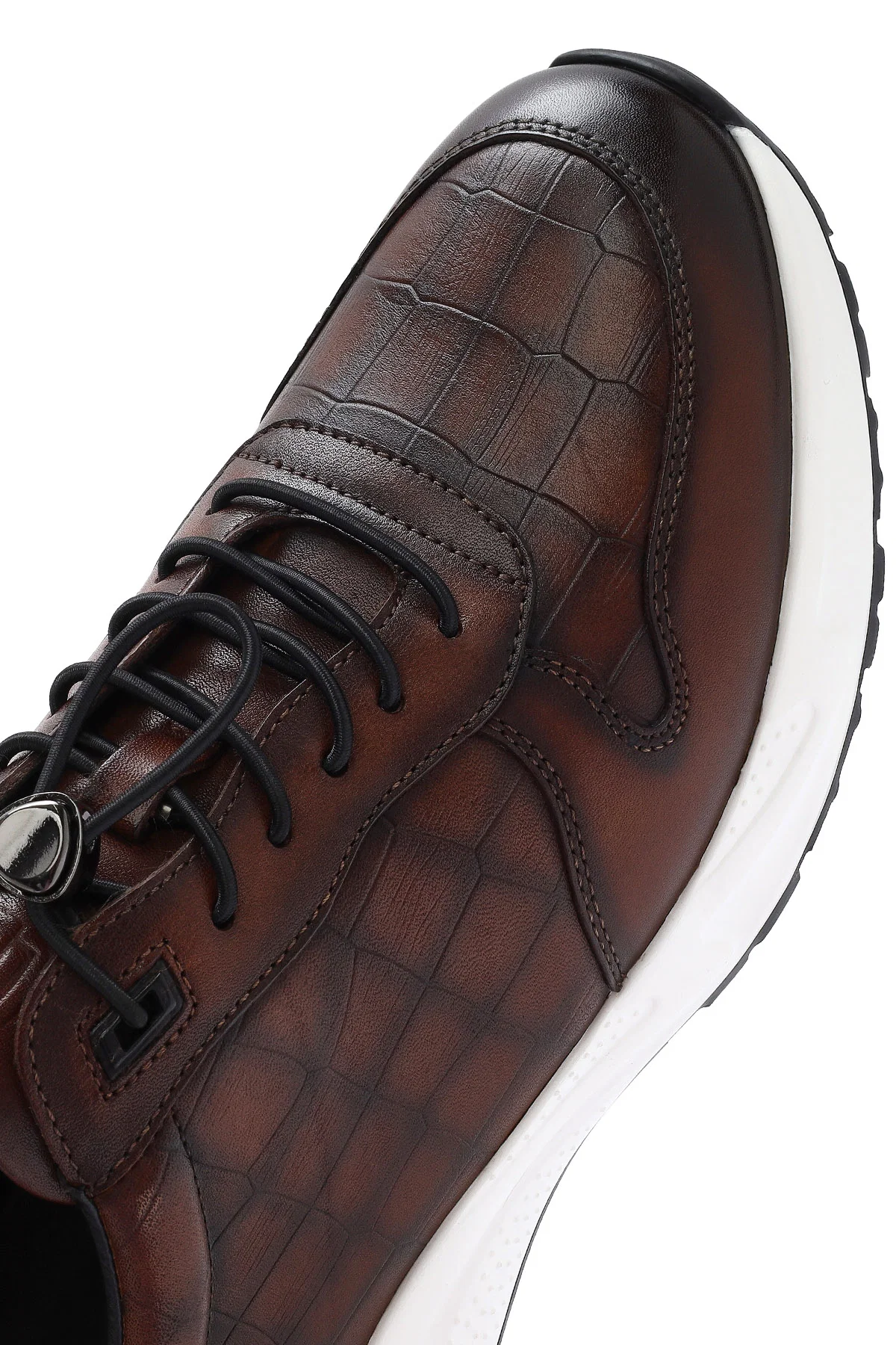 Erkek Kahverengi Kroko Desenli Bağcıklı Deri Sneaker - Image 9