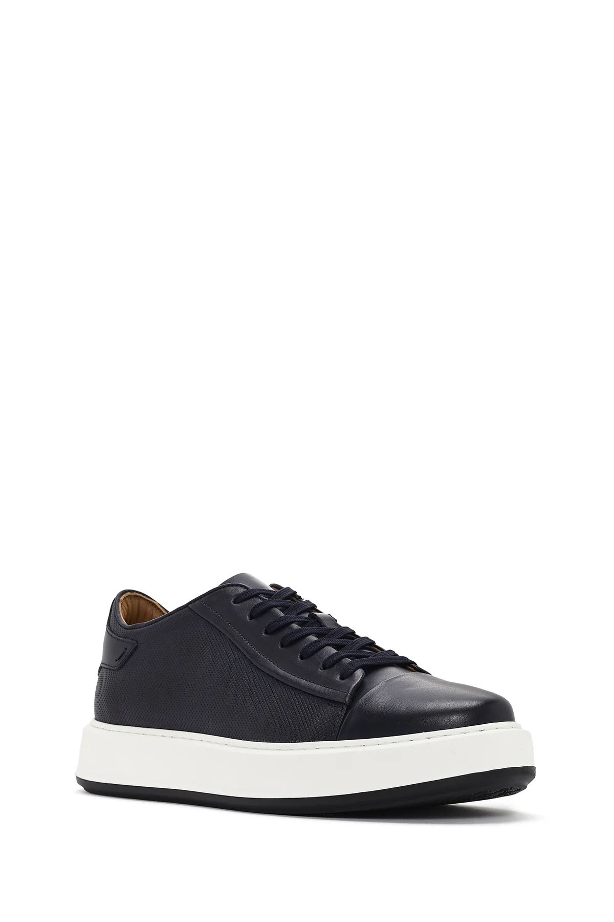 Erkek Lacivert Bağcıklı Kalın Tabanlı Deri Sneaker - Image 5