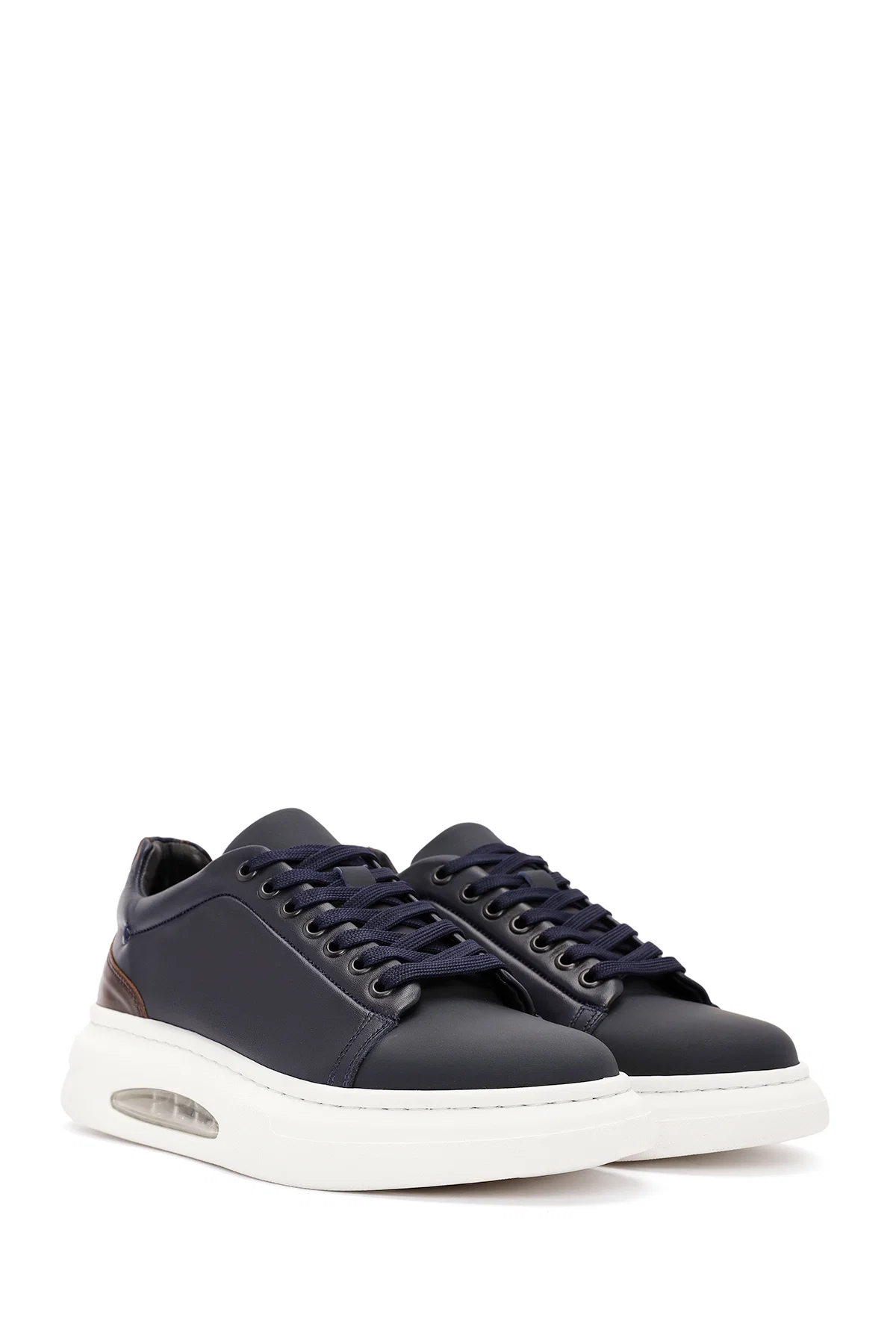 Erkek Lacivert Bağcıklı Kalın Tabanlı Deri Sneaker - Image 3