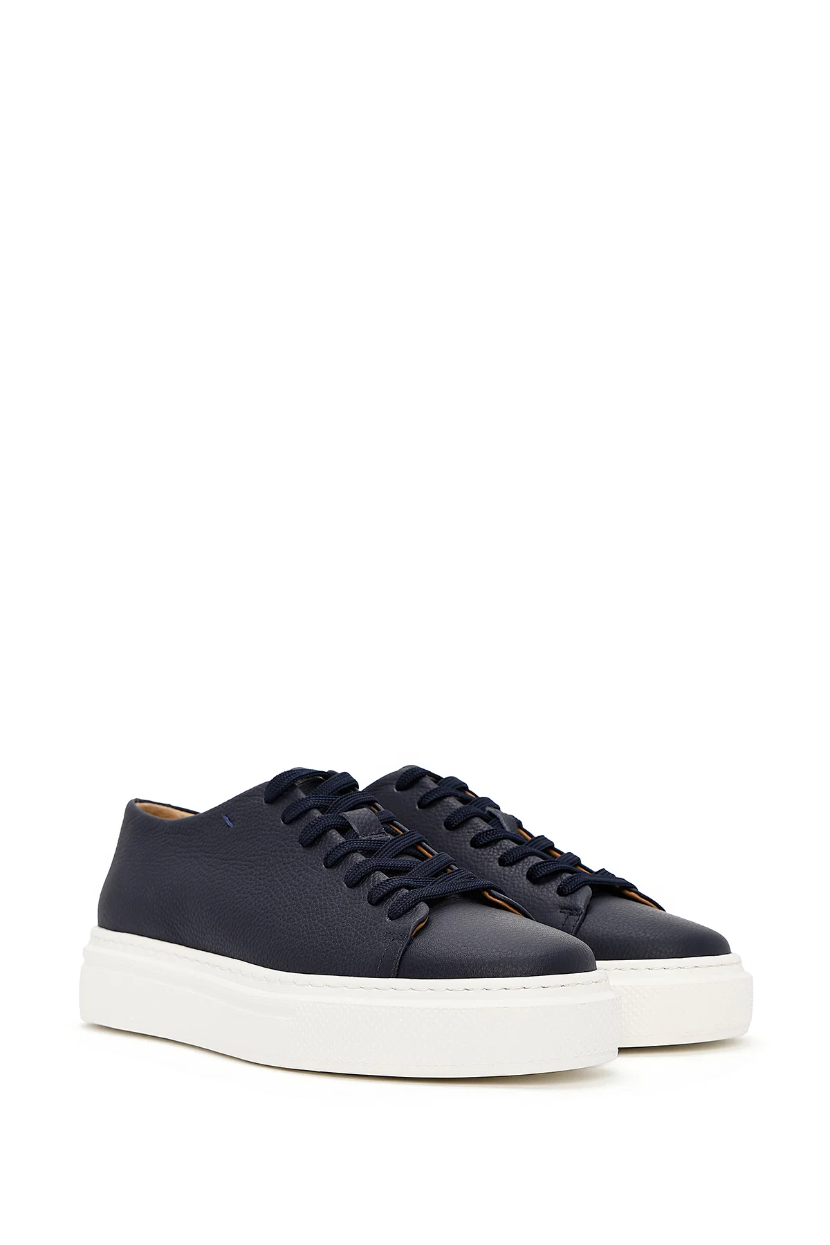 Erkek Lacivert Bağcıklı Kalın Tabanlı Deri Sneaker - Image 3