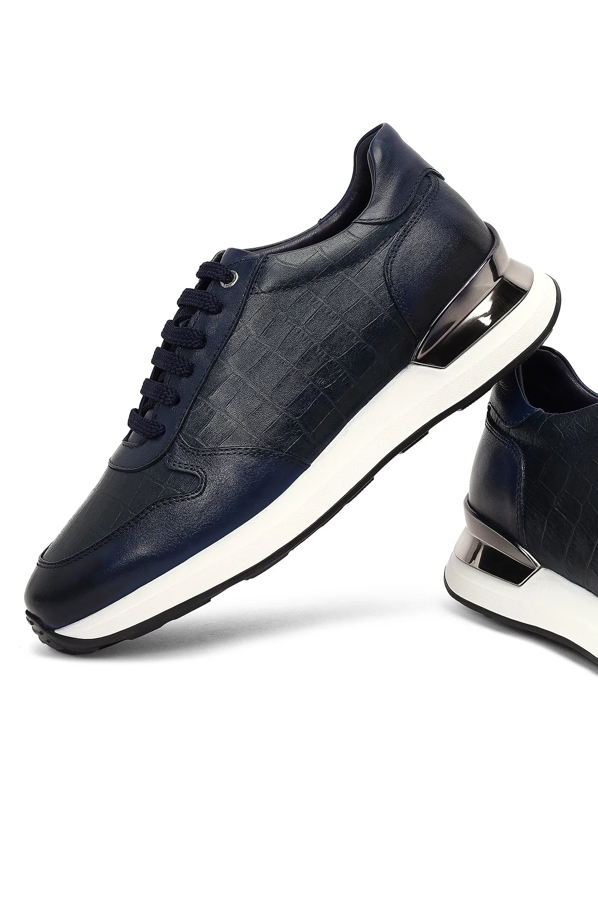 Erkek Lacivert Bağcıklı Kalın Tabanlı Deri Sneaker - Image 11