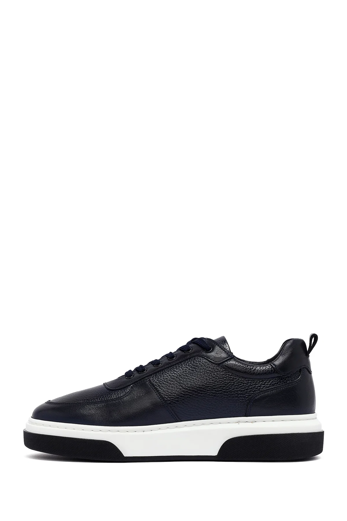 Erkek Lacivert Bağcıklı Kalın Tabanlı Deri Sneaker - Image 2