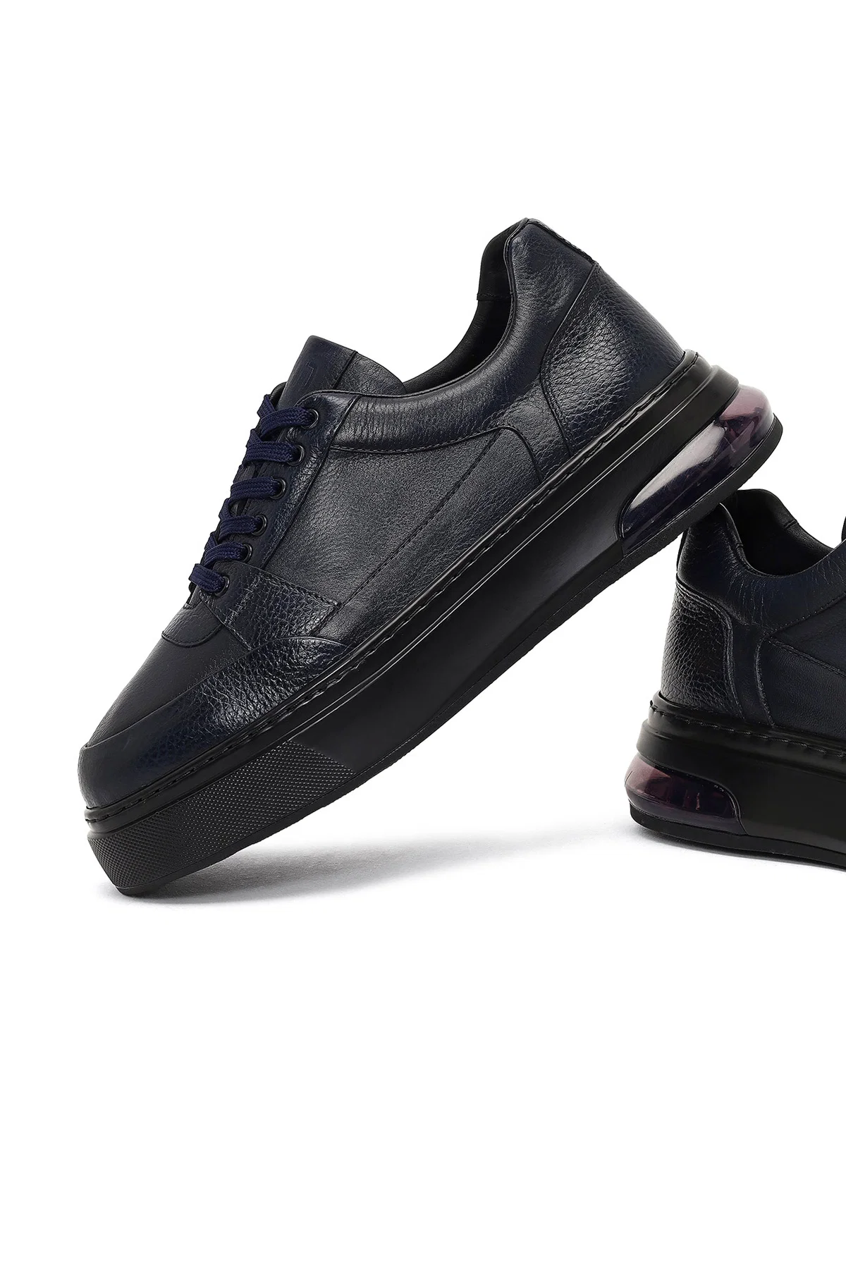 Erkek Lacivert Bağcıklı Kalın Tabanlı Deri Sneaker - Image 10