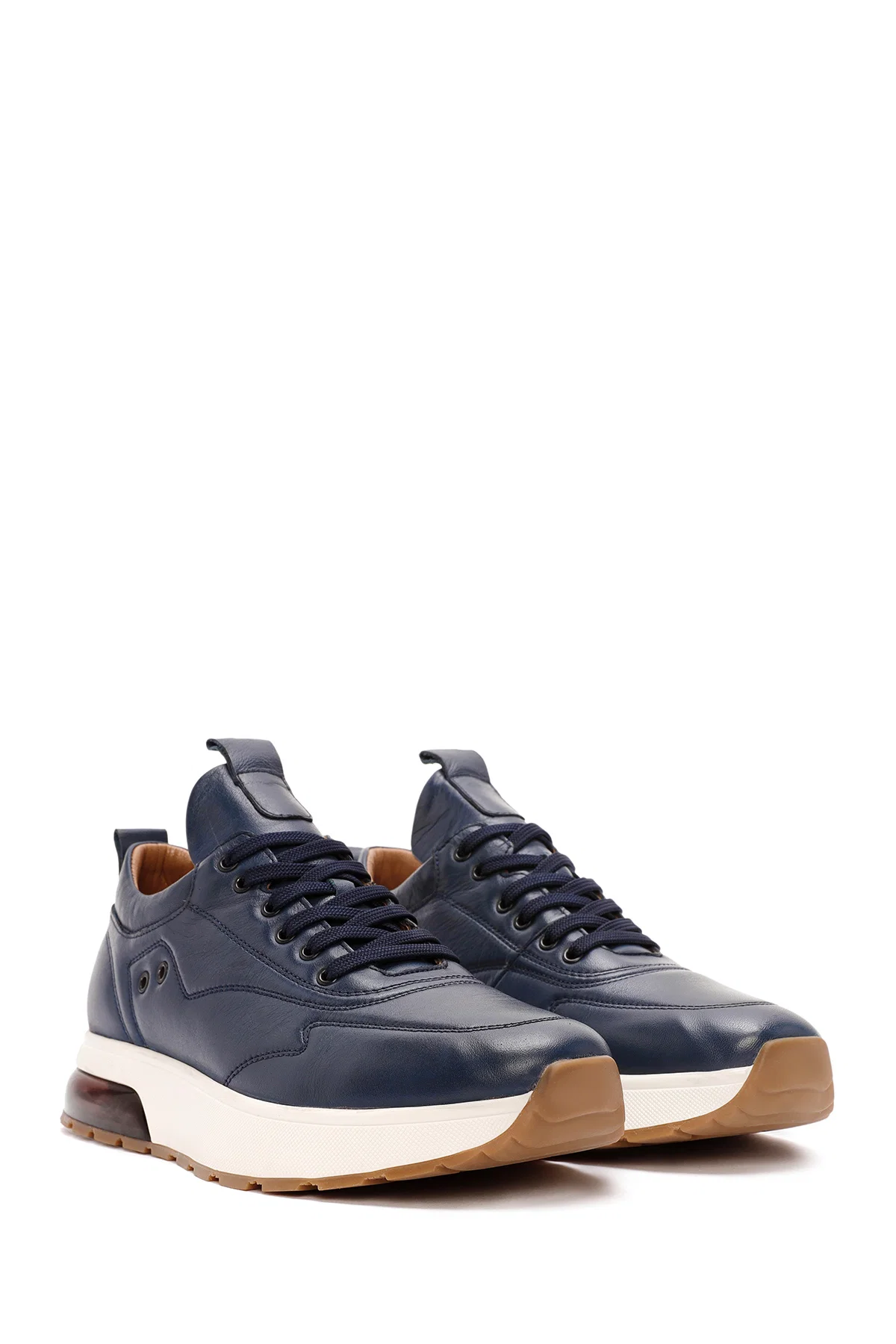 Erkek Lacivert Bağcıklı Kalın Tabanlı Deri Sneaker - Image 3