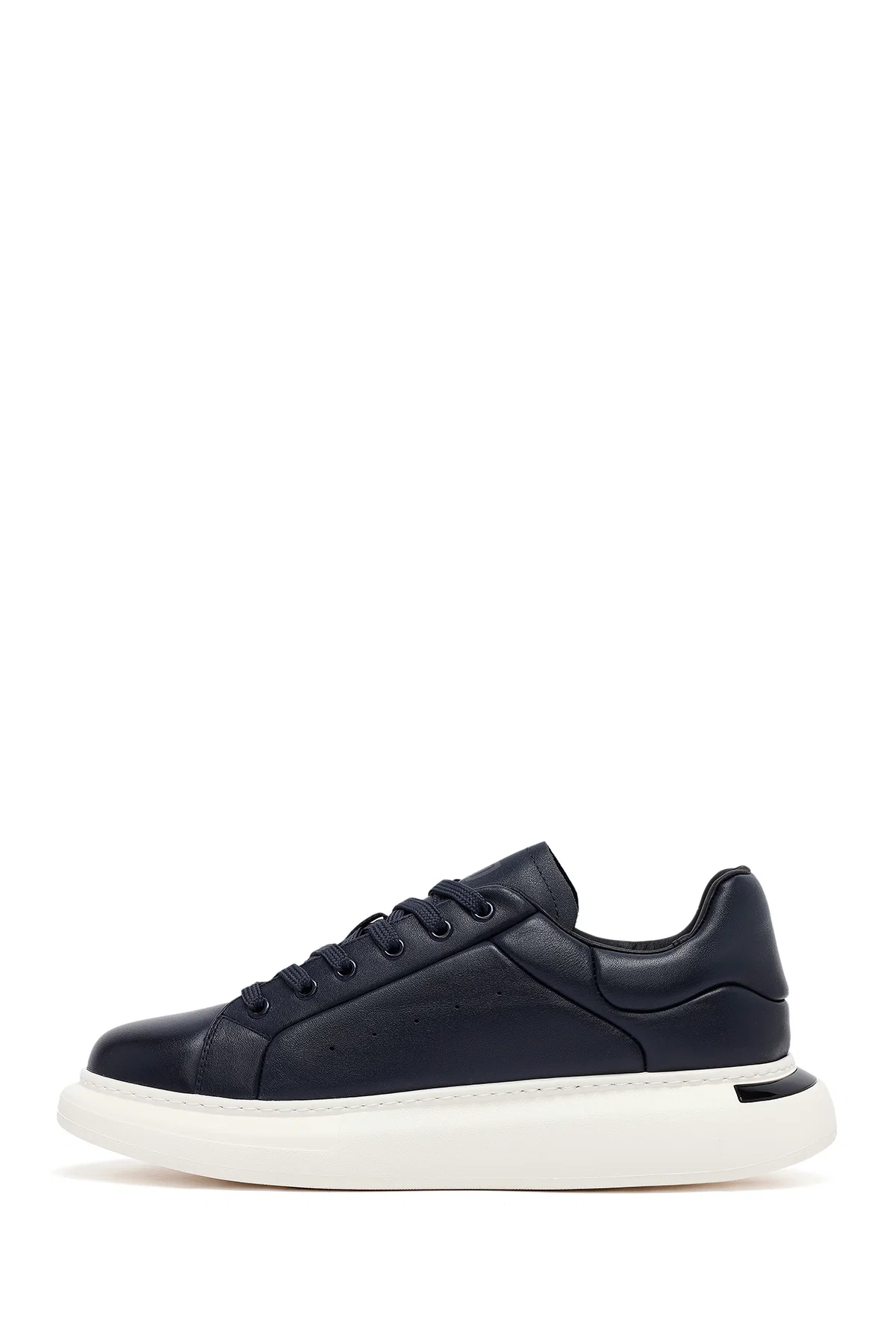 Erkek Lacivert Bağcıklı Kalın Tabanlı Deri Sneaker - Image 2