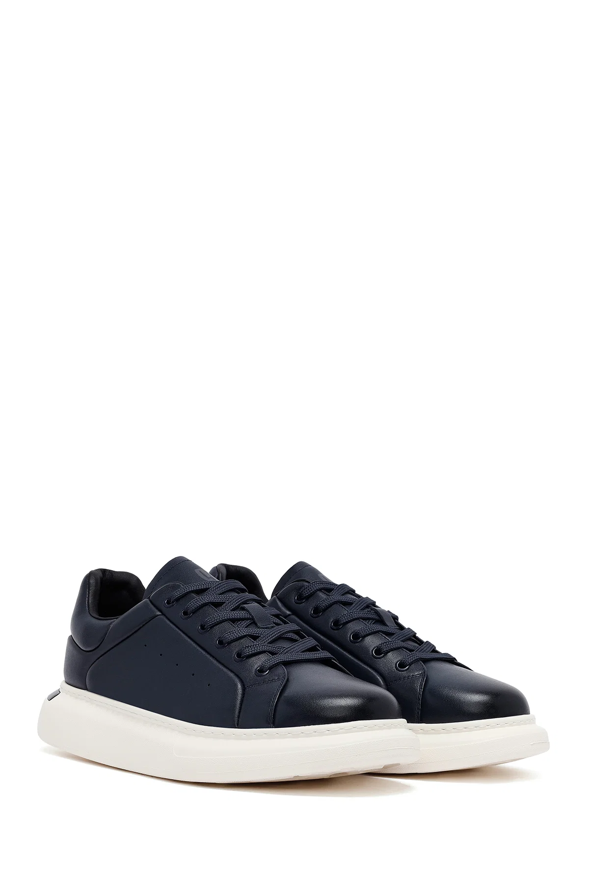Erkek Lacivert Bağcıklı Kalın Tabanlı Deri Sneaker - Image 3