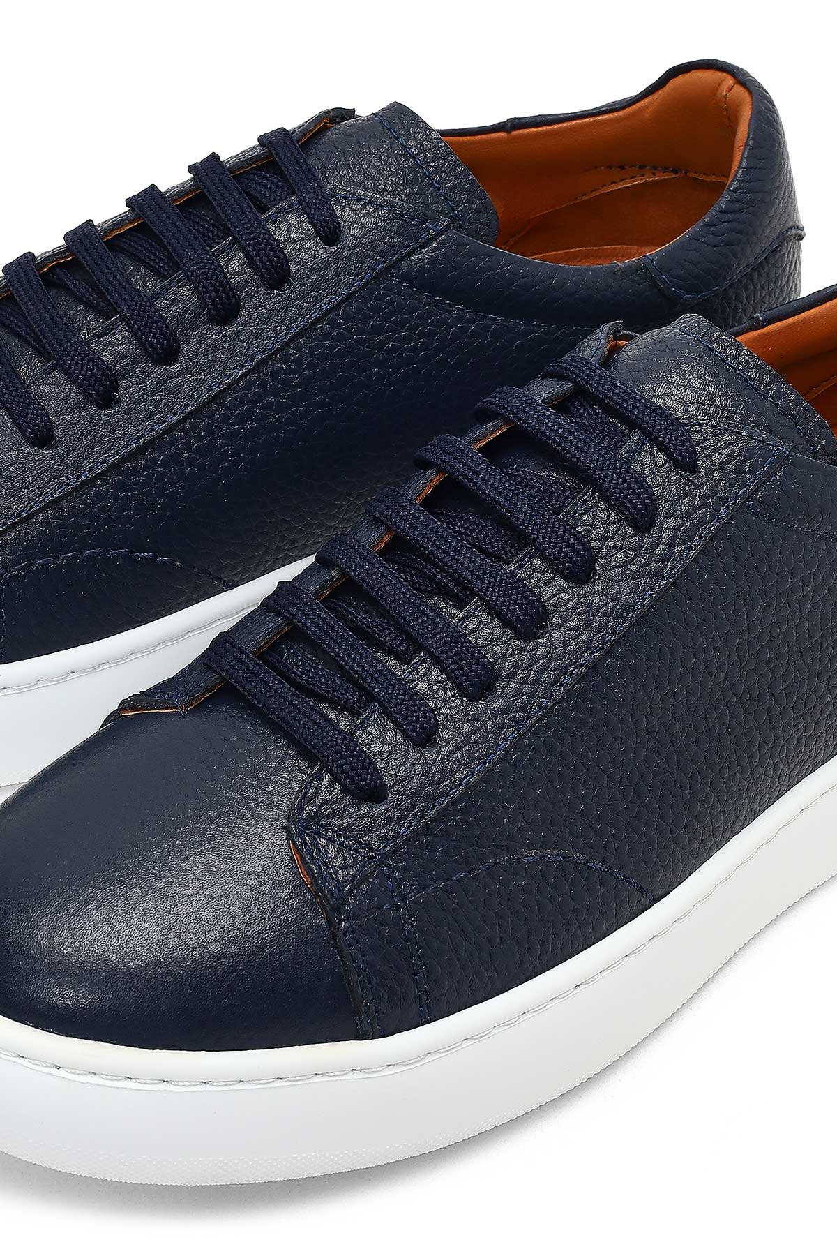 Erkek Lacivert Bağcıklı Kalın Tabanlı Deri Sneaker - Image 10