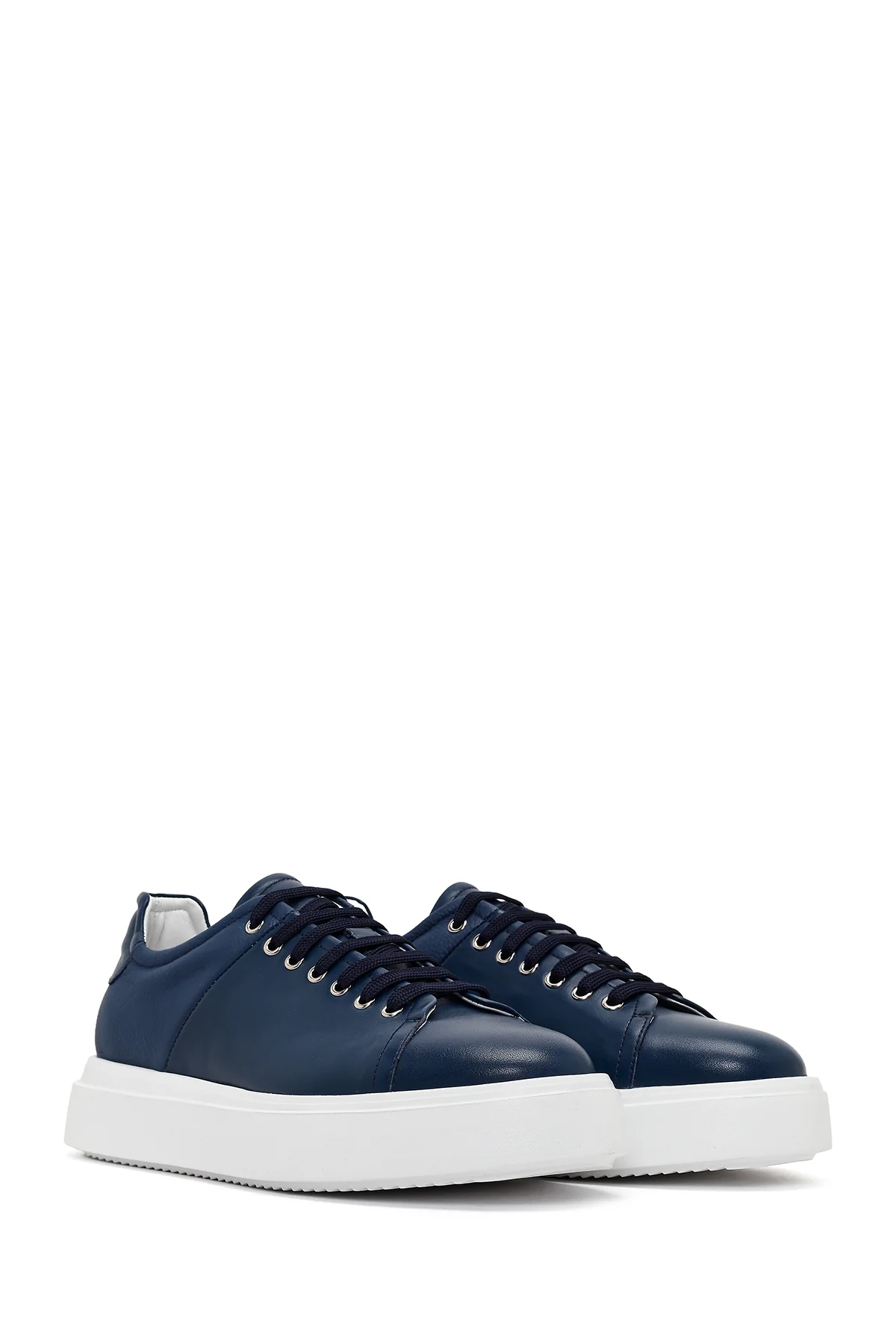 Erkek Lacivert Bağcıklı Kalın Tabanlı Deri Sneaker - Image 2
