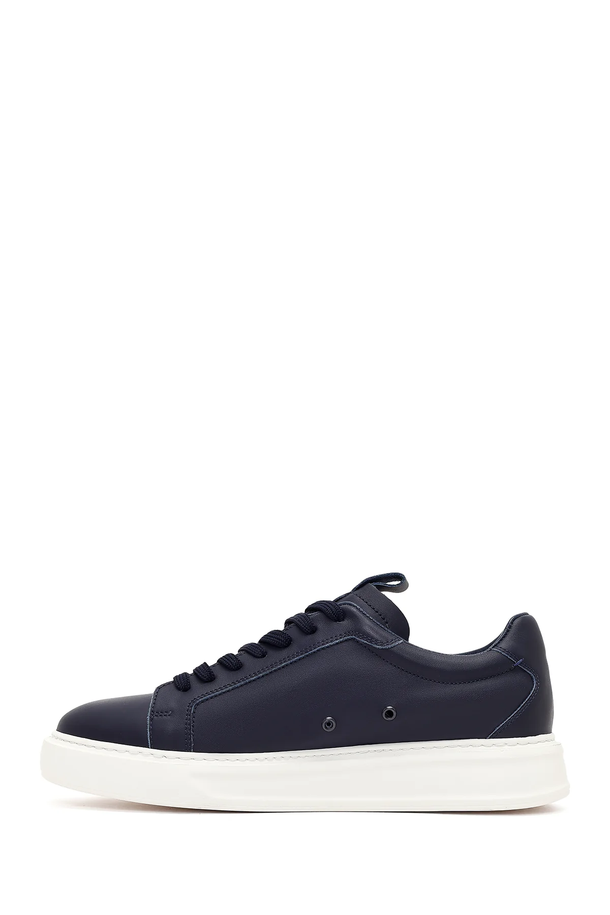 Erkek Lacivert Bağcıklı Kalın Tabanlı Deri Sneaker - Image 3