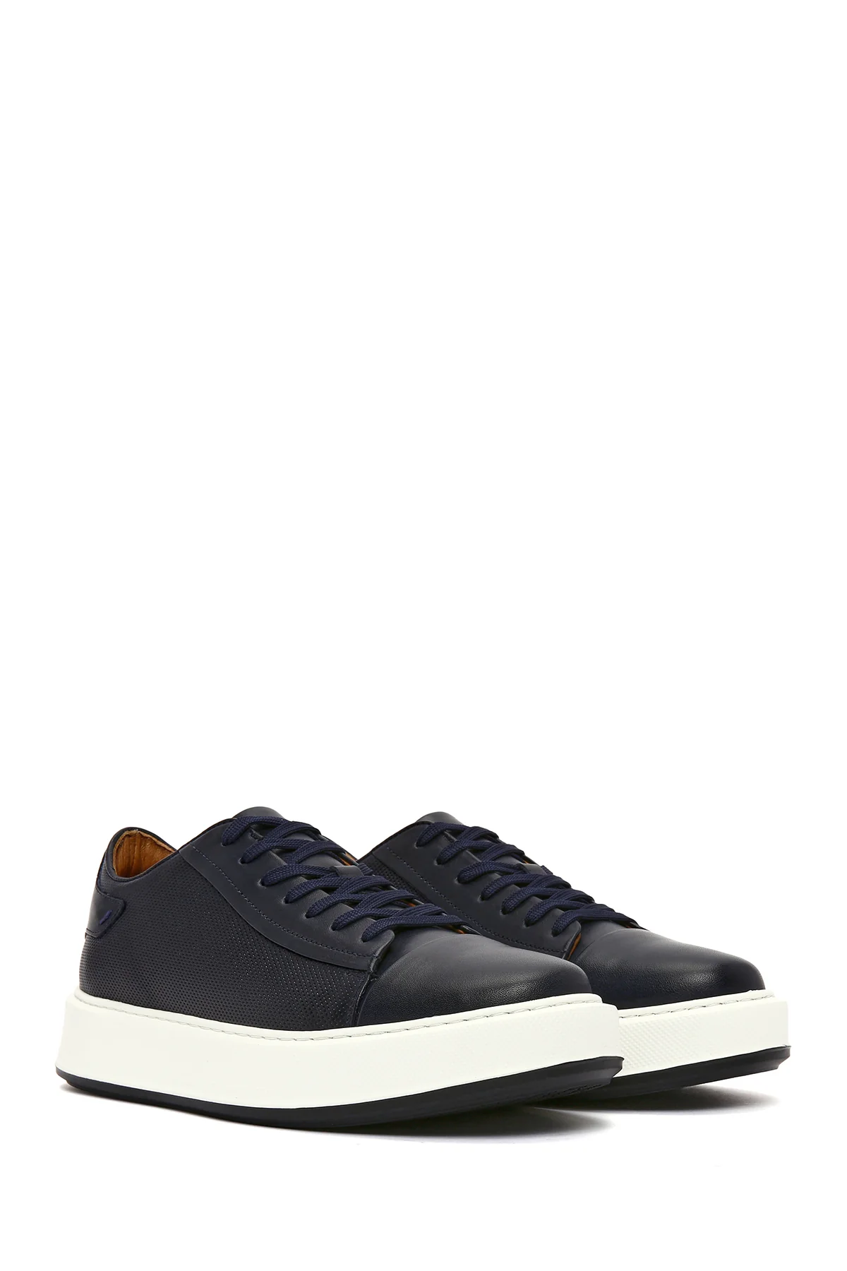 Erkek Lacivert Bağcıklı Kalın Tabanlı Deri Sneaker - Image 2