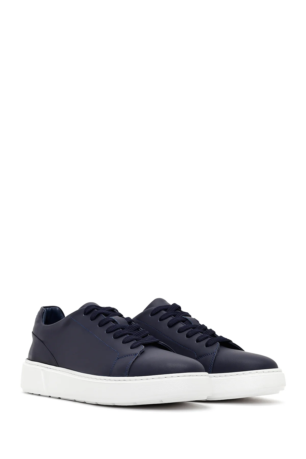 Erkek Lacivert Bağcıklı Kalın Tabanlı Deri Sneaker - Image 2