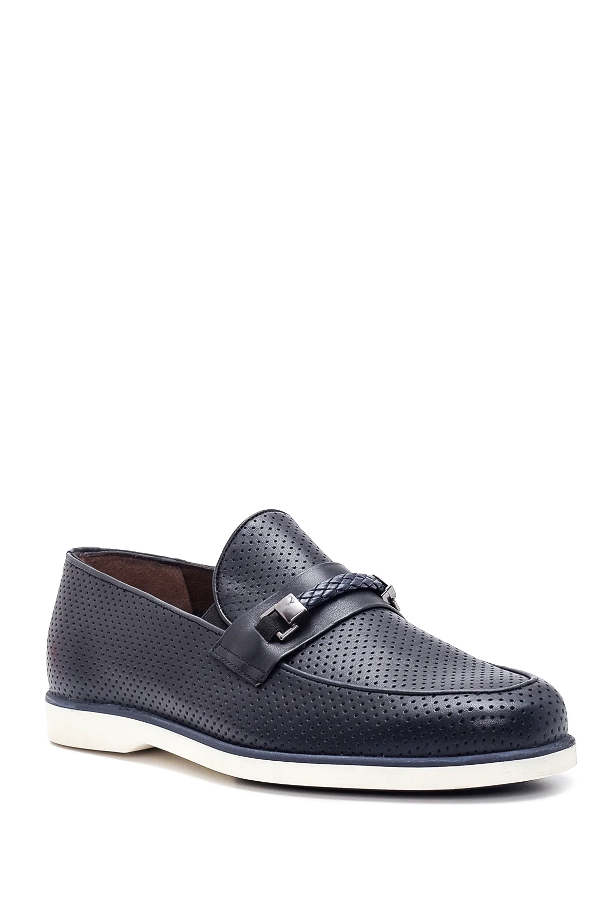 Erkek Lacivert Deri Delikli Casual Loafer - Image 3
