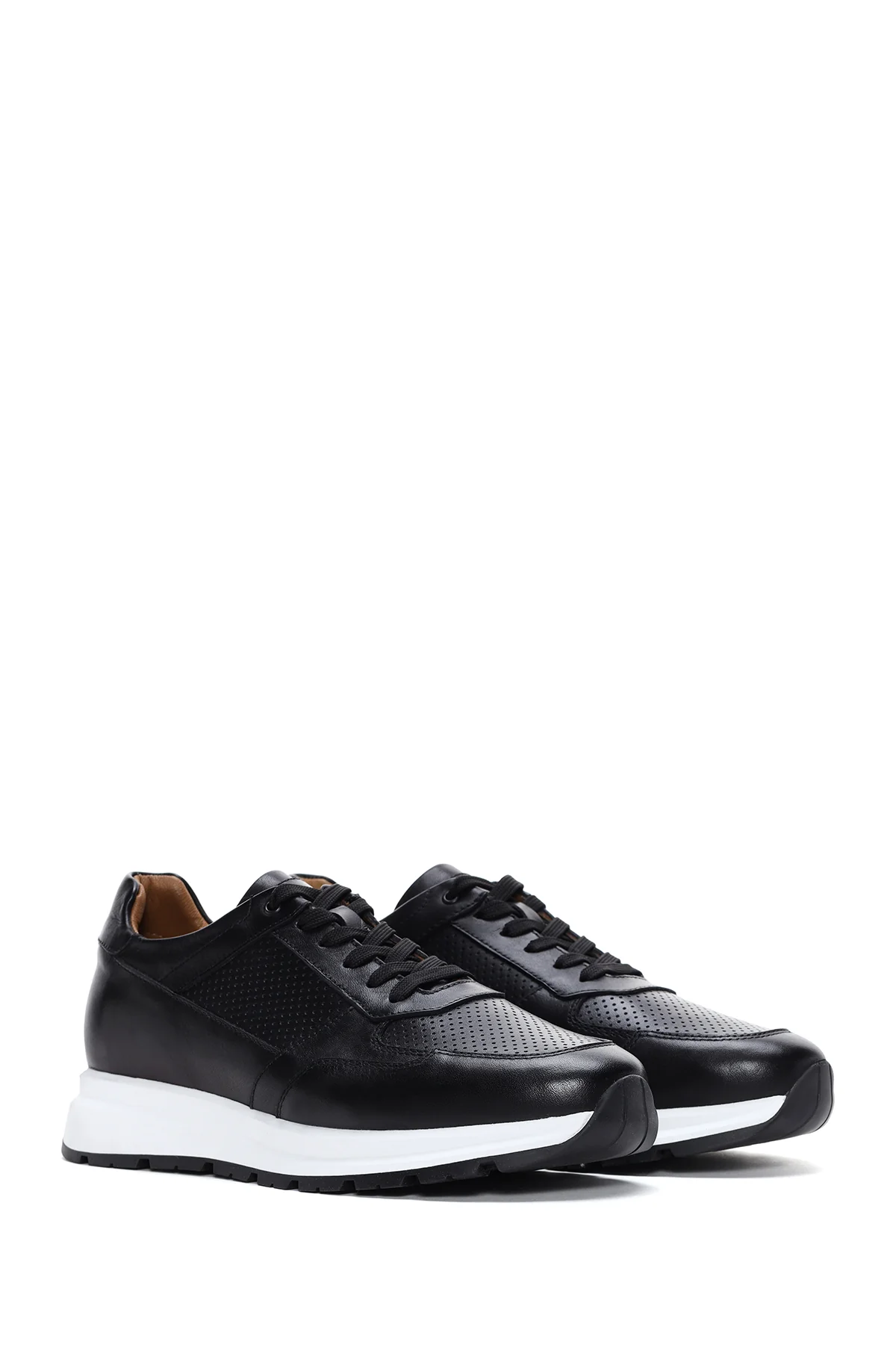 Erkek Siyah Bağcıklı Deri Casual Sneaker - Image 3