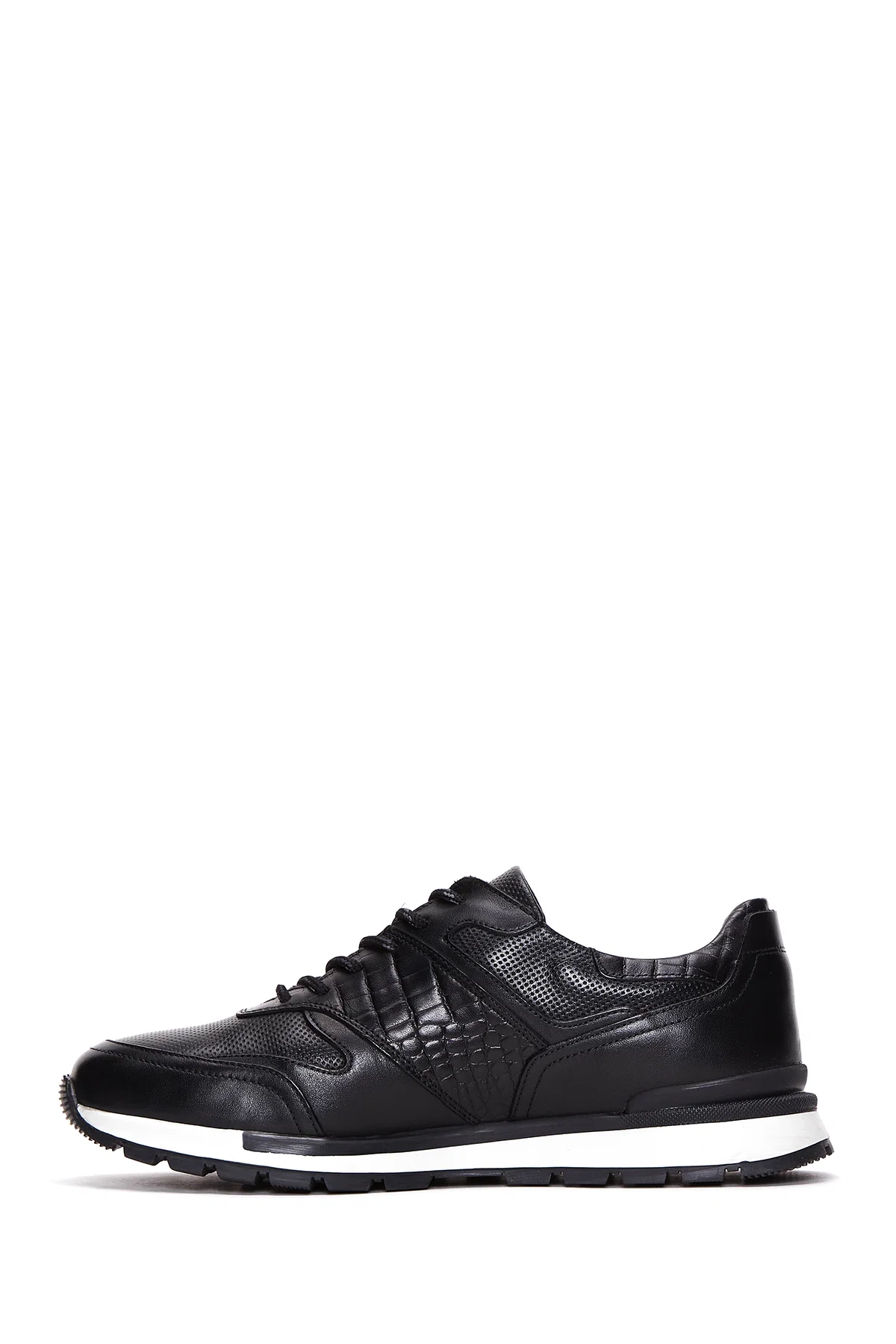 Erkek Siyah Bağcıklı Deri Casual Sneaker - Image 2
