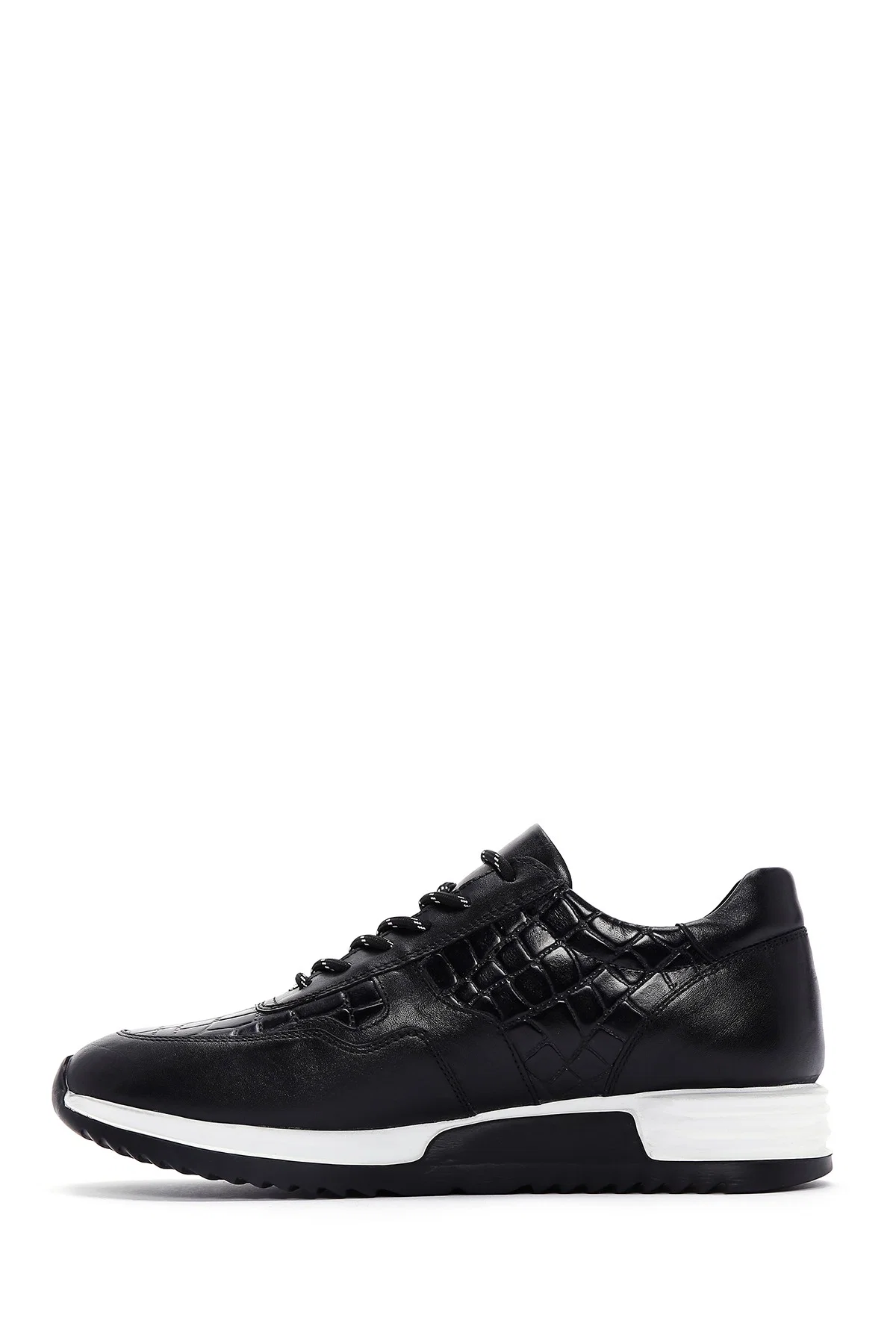 Erkek Siyah Bağcıklı Deri Casual Sneaker - Image 2