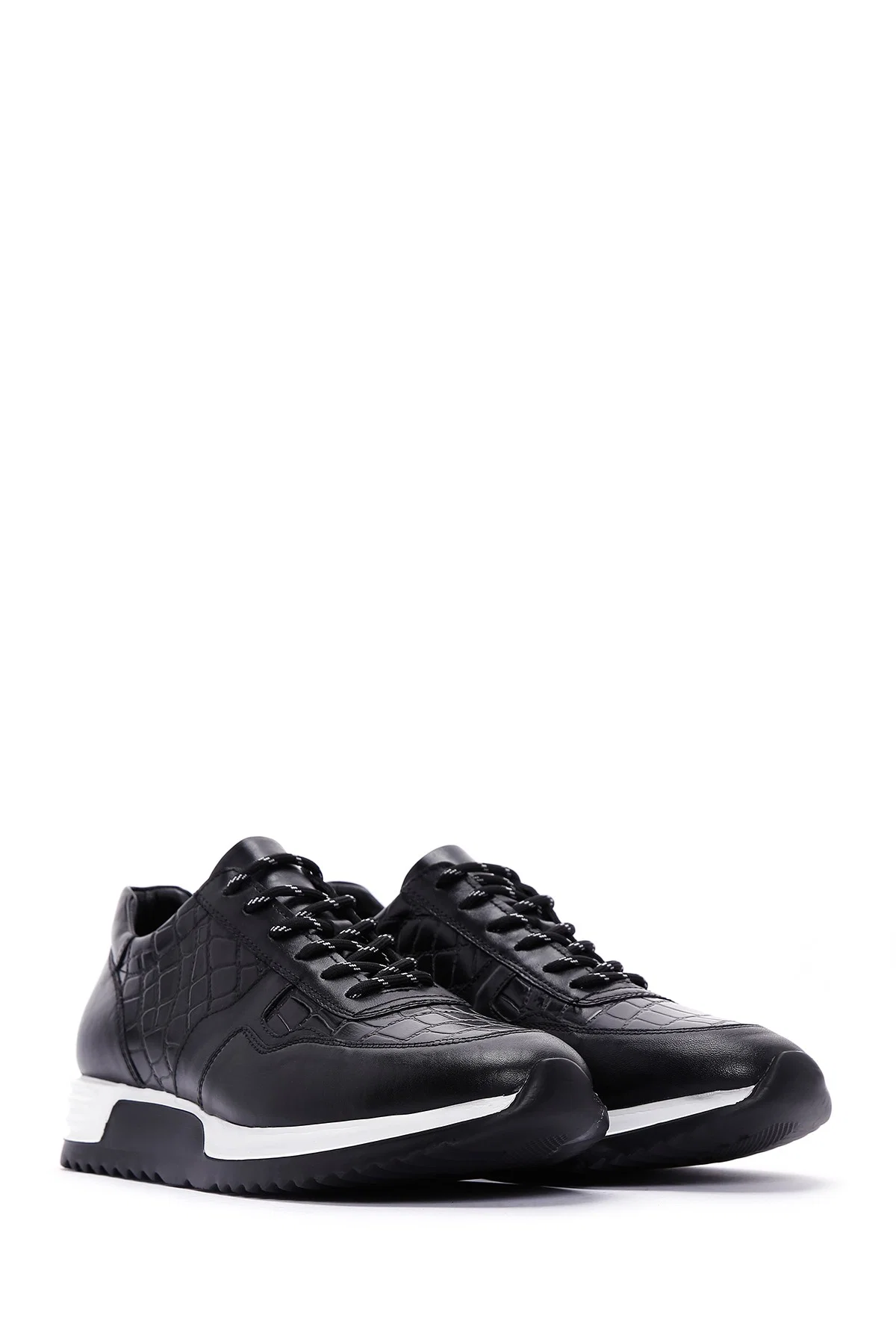 Erkek Siyah Bağcıklı Deri Casual Sneaker - Image 3